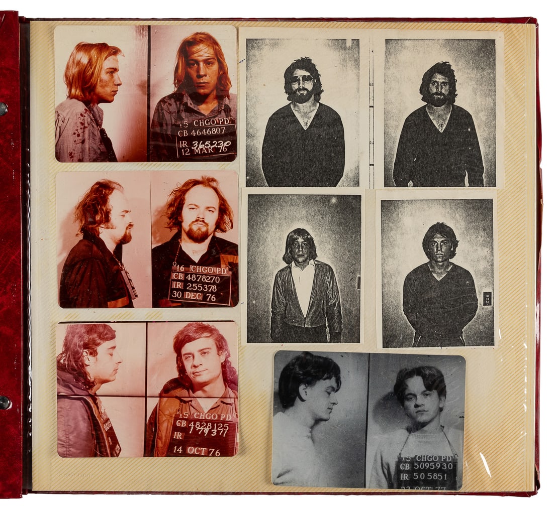 Mugshot Photo Album. Illinois & Wisconsin, 1970s. : [MUGSHOTS]. Mugshot Photo Album. Illinois & Wisconsin, 1970s. Photo album containing 43 photographs, primarily mugshots, several paired with surveillance images in retail environments, some showing ba
