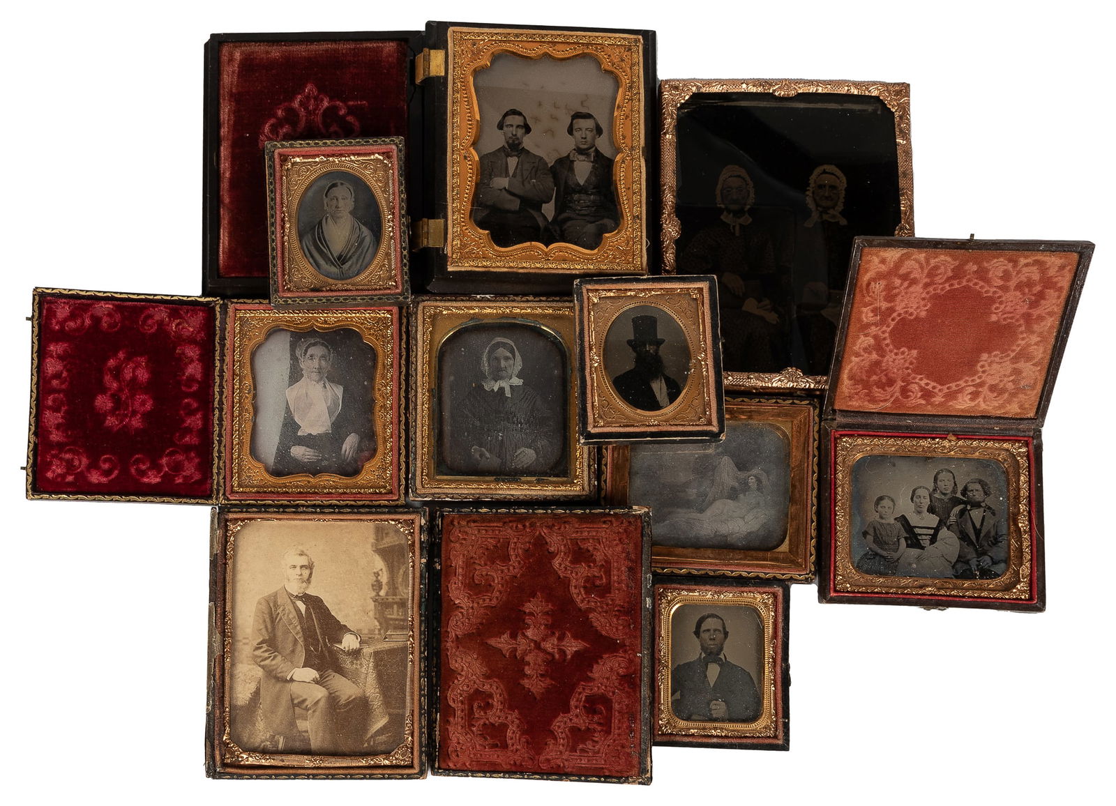 [EARLY PHOTOGRAPHY]. Group of 10 cased images.: [EARLY PHOTOGRAPHY]. Group of 10 cased images. 19th century. Includes three daguerreotypes, six ambrotypes, and one cased albumen print portrait. Includes a half plate ambrotype of two older wome