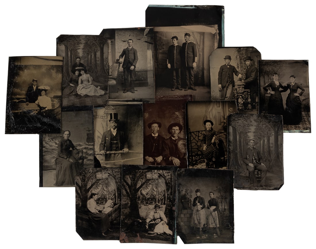 Group of 51 Tintypes of Various Sizes. 19th / 20th Century. : Group of 51 Tintypes of Various Sizes. 19th / 20th Century. Largest is a pair of Union Soldiers. 13 have painted backdrops, one is in pressed metal case frame and the rest are general portraiture in t