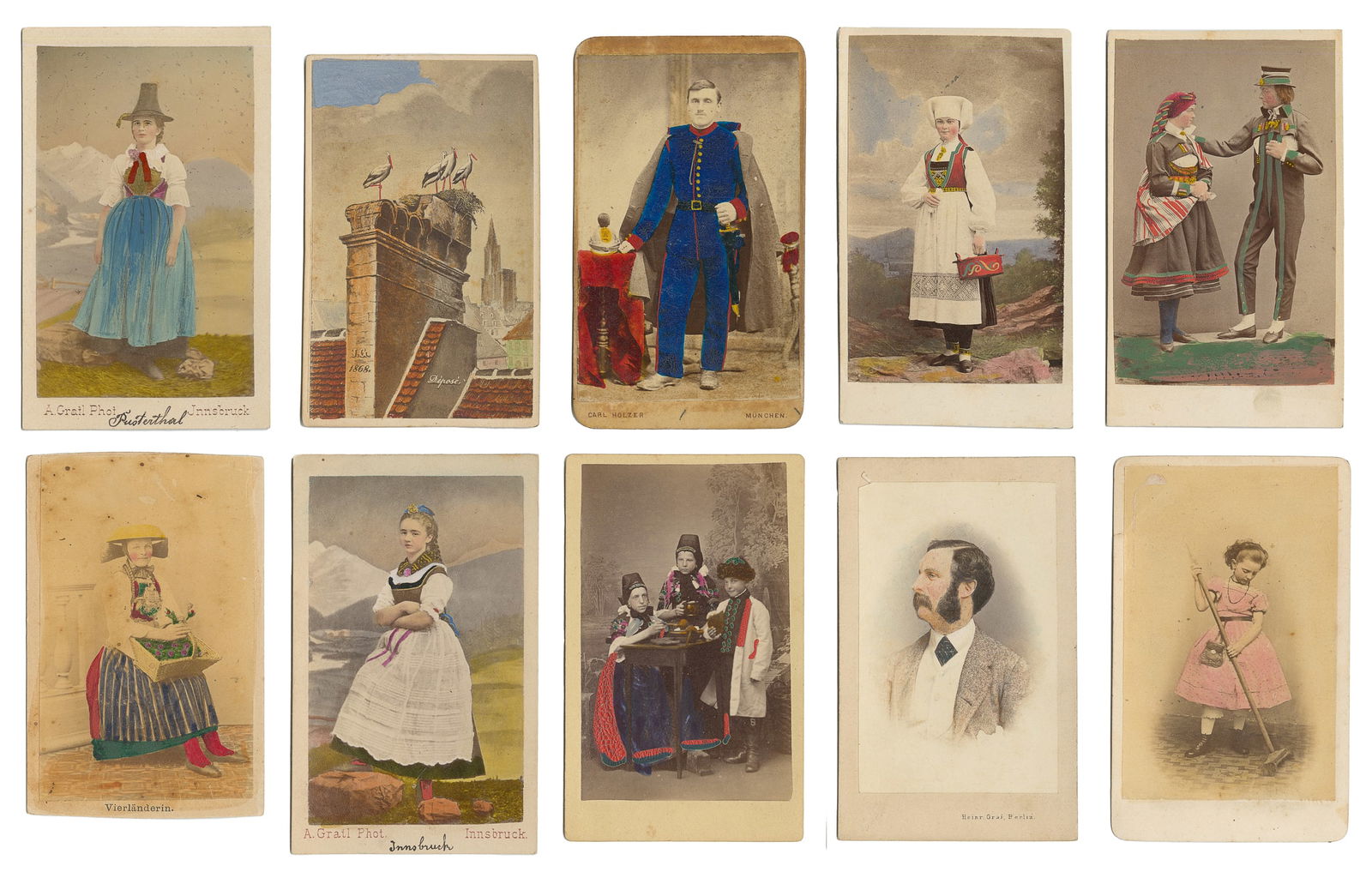 Group of 22 Cartes de Visite. Most Hand Colored Males and Females in Various Ethnographic Costumes ( (1 of 2)