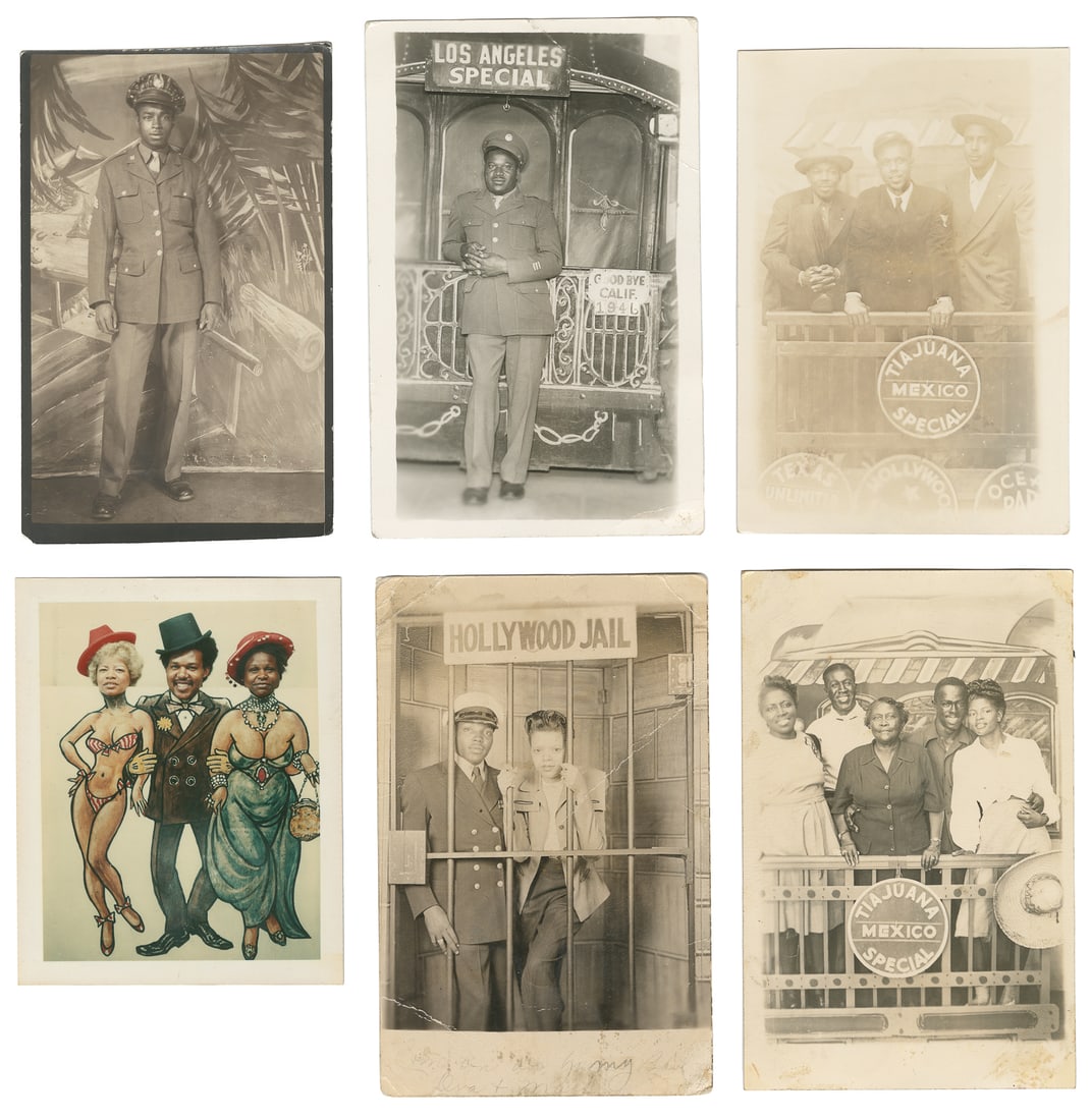 Group of 6 African American arcade snapshots and postcards.: Group of 6 African American arcade snapshots and postcards. Early to mid-20th century. Four RPPCs, and two snapshots, of Black men and women posing in a mock jail cell, Tijuana Special and