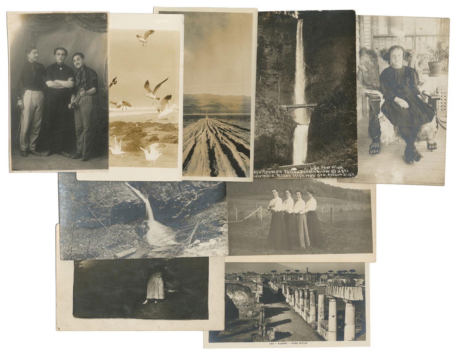 Group of 65 Unsorted RPPCs.: Group of 65 Unsorted RPPCs. Early 20th century. Group of 65 real photo postcard with various subjects including travel photos, portraits, landscapes, cityscapes, groups of people, daily life, work,