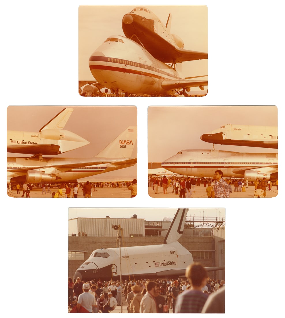 Enterprise Arriving in California Snapshots. Circa 1976. : [NASA]. Enterprise Arriving in California Snapshots. Circa 1976. Group of 13 color photographs showing the space shuttle Enterprise arriving at Rockwell International’s Palmdale, California,