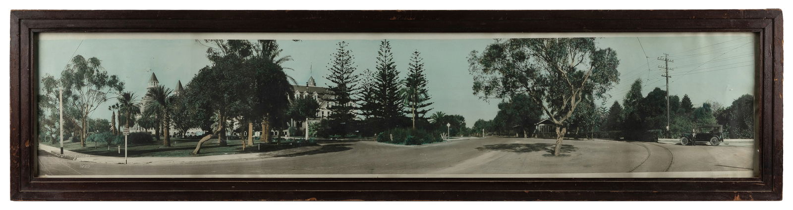 Hotel Del Coronado Hand-Colored Panoramic Photograph. San Diego, 1920. : [PANORAMIC]. Hotel Del Coronado Hand-Colored Panoramic Photograph. San Diego, 1920. Large-scale panoramic photograph of the exterior grounds of the Hotel Del Coronado, the San Diego destination
