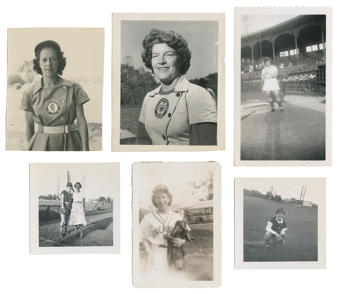 [WOMEN'S BASEBALL]. Group of 6 snapshots.: [WOMEN'S BASEBALL]. Group of 6 snapshots. 1940s. Six glossy black and white snapshots, two stamped by Robinson Studio, Grand Rapids; one marked "Diary Print / Jun 1947"; and others on Velox paper