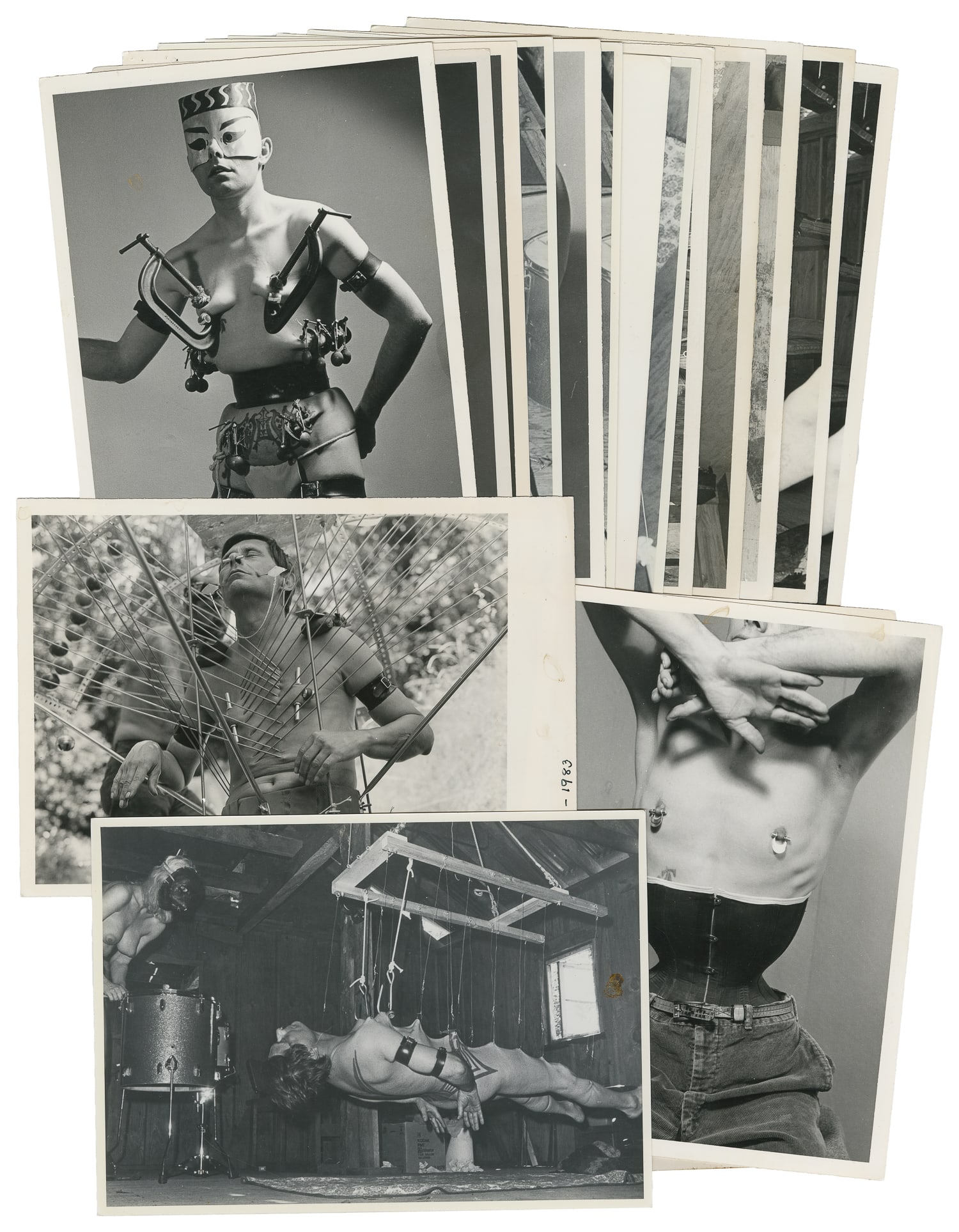 MUSAFAR, Fakir (Richard Loomis, 1930 - 2018). Group of 18 bondage and body piercing photos.: MUSAFAR, Fakir (Richard Loomis, 1930 - 2018). Group of 18 bondage and body piercing photos. Circa 1980s. Most with titles and dates in ink in the margins. Musafar is known as the founder of the "Moder