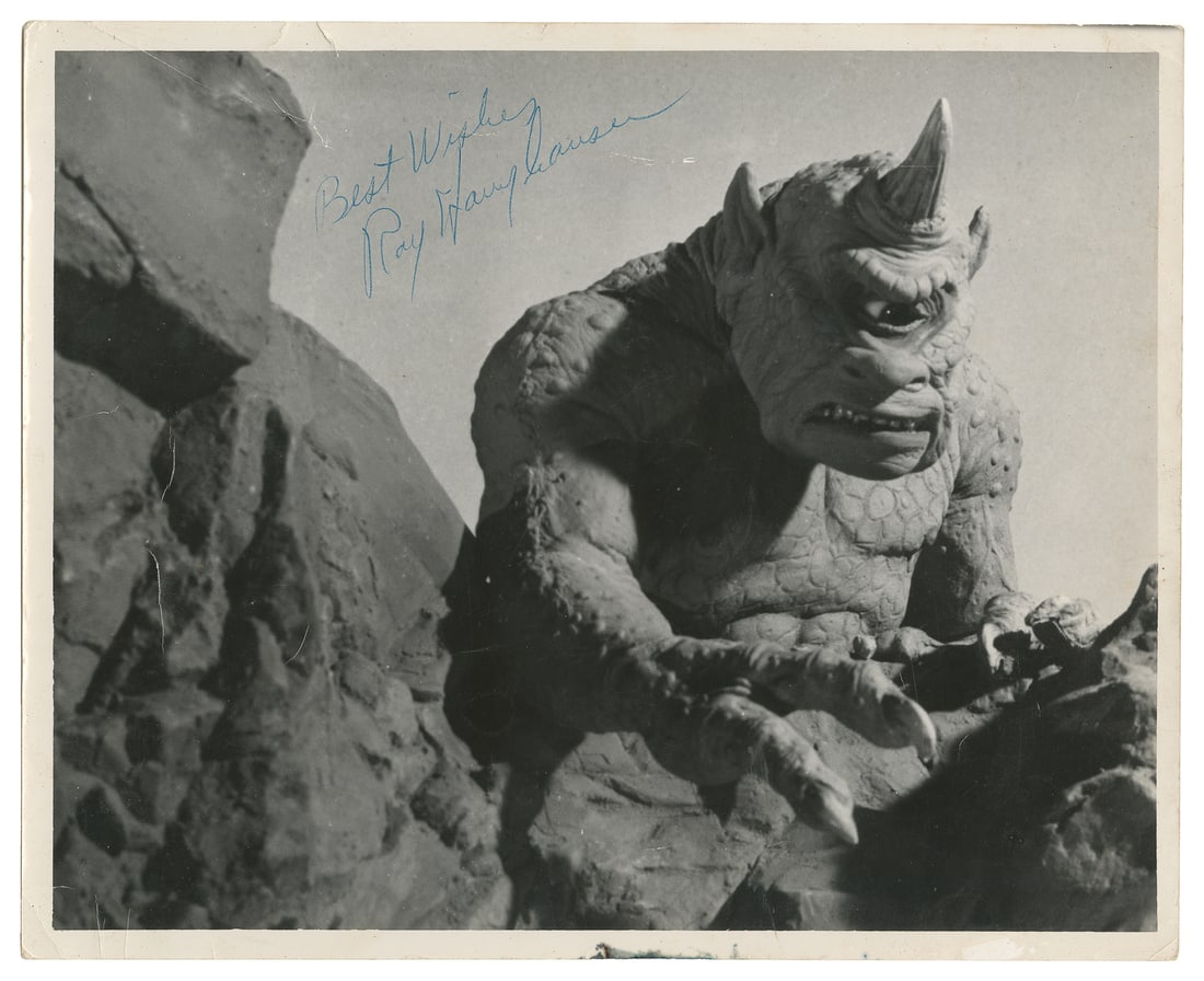 [HARRYHAUSEN, Ray (American, 1920–2013)]. The 7th Voyage of Sinbad (1958) / Three Photos. Circ: [HARRYHAUSEN, Ray (American, 1920–2013)]. The 7th Voyage of Sinbad (1958) / Three Photos. Circa 1958. Group of three silver gelatin photographs of the Cyclops monster model from the 7th Voyage o