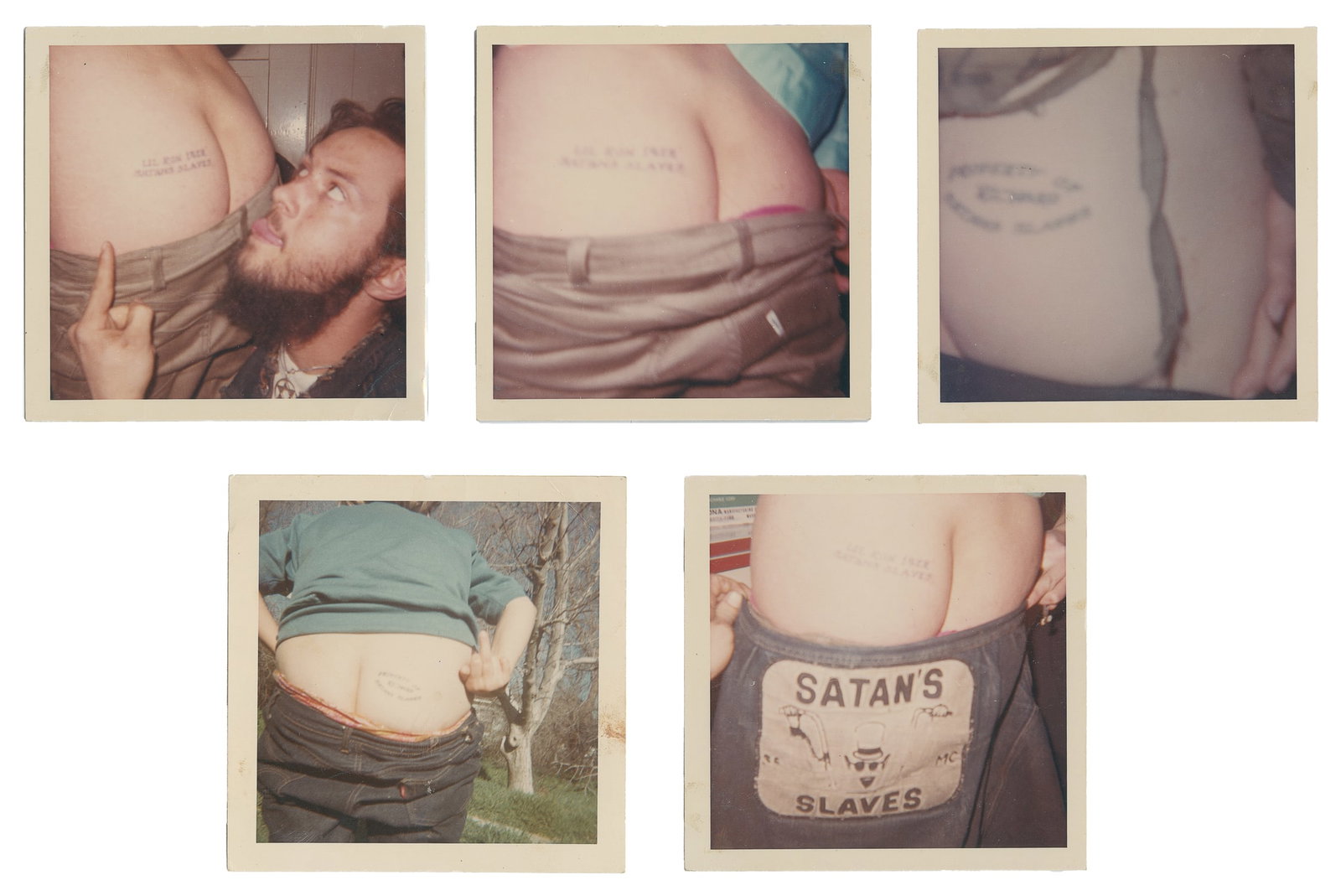 [BIKER GANGS]. Group of Satan's Slaves tattoo snapshots.: [BIKER GANGS]. Group of Satan's Slaves tattoo snapshots. Circa 1970s. Six color snapshots, on period Kodak paper, of a Satan's Slaves Motorcycle Club member girlfriends displaying "Property of Satan's