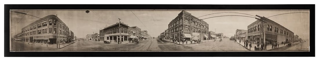 Panoramic Photograph of Turn-of-the-Century Bartlesville, Oklahoma, ca. 1910.: Panoramic Photograph of Turn-of-the-Century Bartlesville, Oklahoma, ca. 1910. Gelatin silver panoramic photograph depicting a broad commercial streetscape in downtown Bartlesville, Oklahoma, likely ph