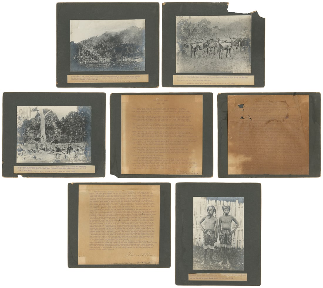 [BATTLE OF BUD DAJO]. Group of 8 mounted photos and documents. (1 of 8)