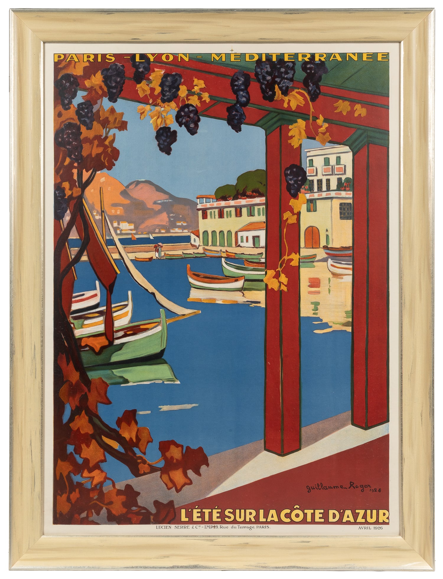 ROGER, Guillaume G. (1867 - 1943). L'Ete Sur La Cote D'Azur. 1926. : ROGER, Guillaume G. (1867 - 1943). L'Ete Sur La Cote D'Azur. 1926. Paris: Lucien Serre. Striking color lithograph French travel poster for PLM. Framed, 47 x 36"; sight 42 x 30".