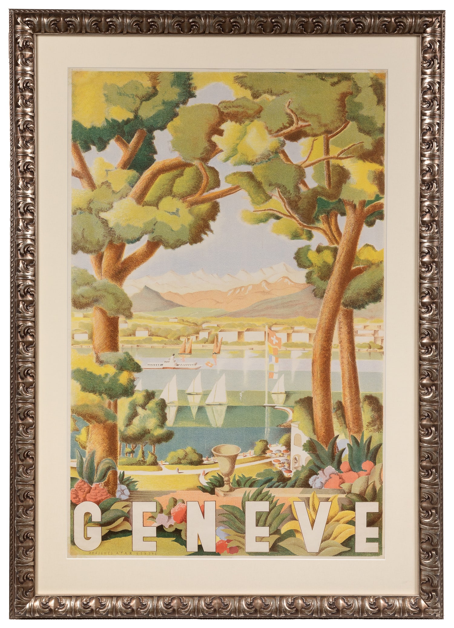 FUSTIER, Georges (1892 - 1982). Geneve. : FUSTIER, Georges (1892 - 1982). Geneve. 1935. Geneva: Affiches Atar. Lithograph tourism poster with a view of boats on Lake Geneva, framed by trees, with a mountainous background. Framed, 49 x 34". No
