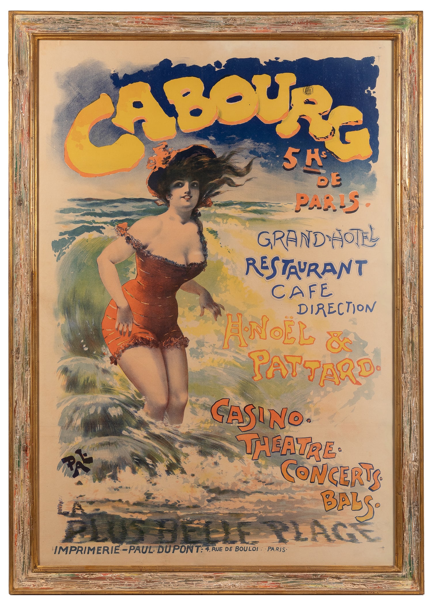 PAL (Jean de Paleologue, 1860 - 1942). Cabourg. 1893.: PAL (Jean de Paleologue, 1860 - 1942). Cabourg. 1893. Paris: Paul Dupont. Color lithograph travel poster advertising the resort on the Normandy coast, depicting a bathing beauty with windswept hair in