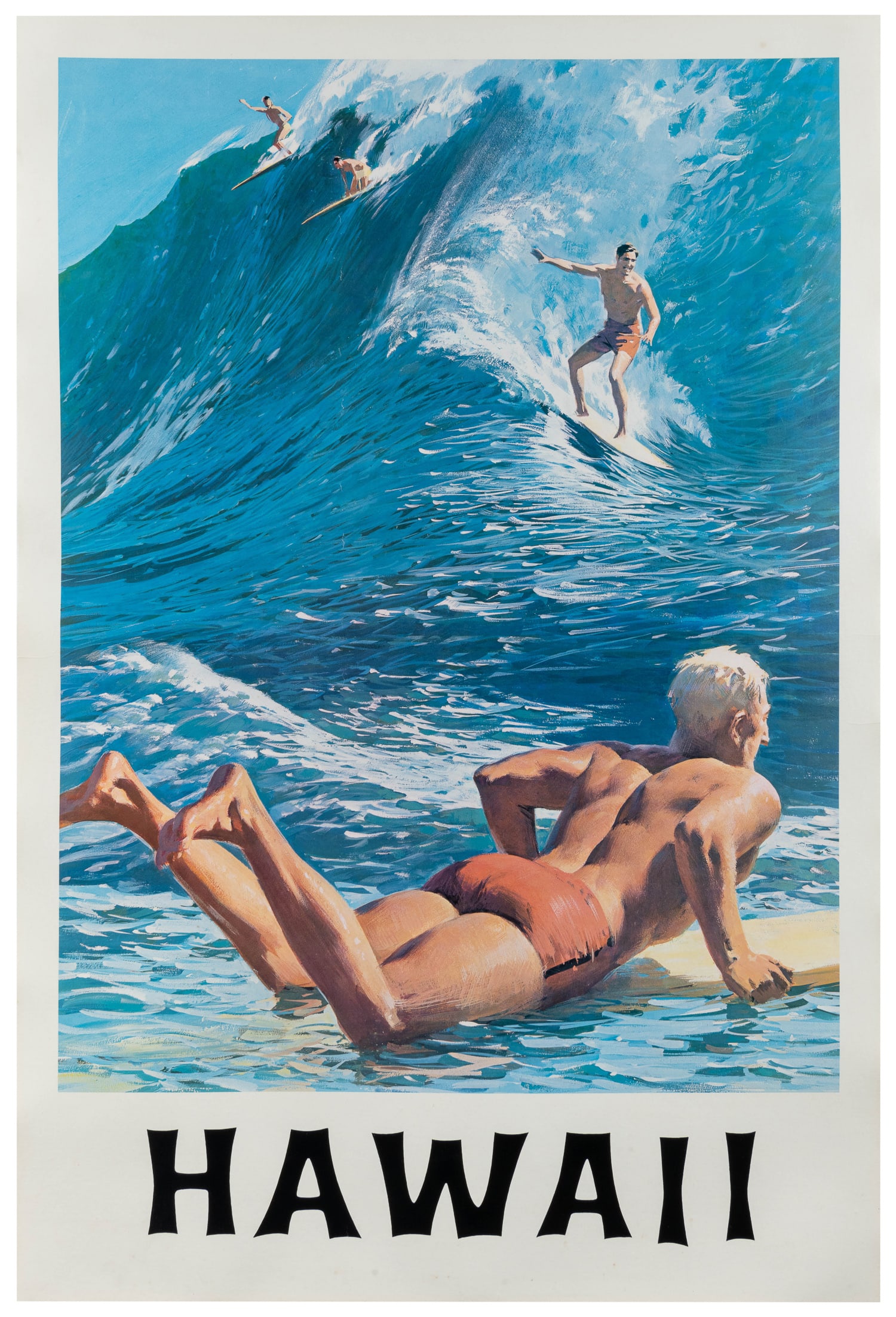ALLEN, Charles. Hawaii. : ALLEN, Charles. Hawaii. Circa 1960s. Travel poster depicts a group of surfers catching a huge wave. Linen backed. 37 3/4 x 25 1/4”.
