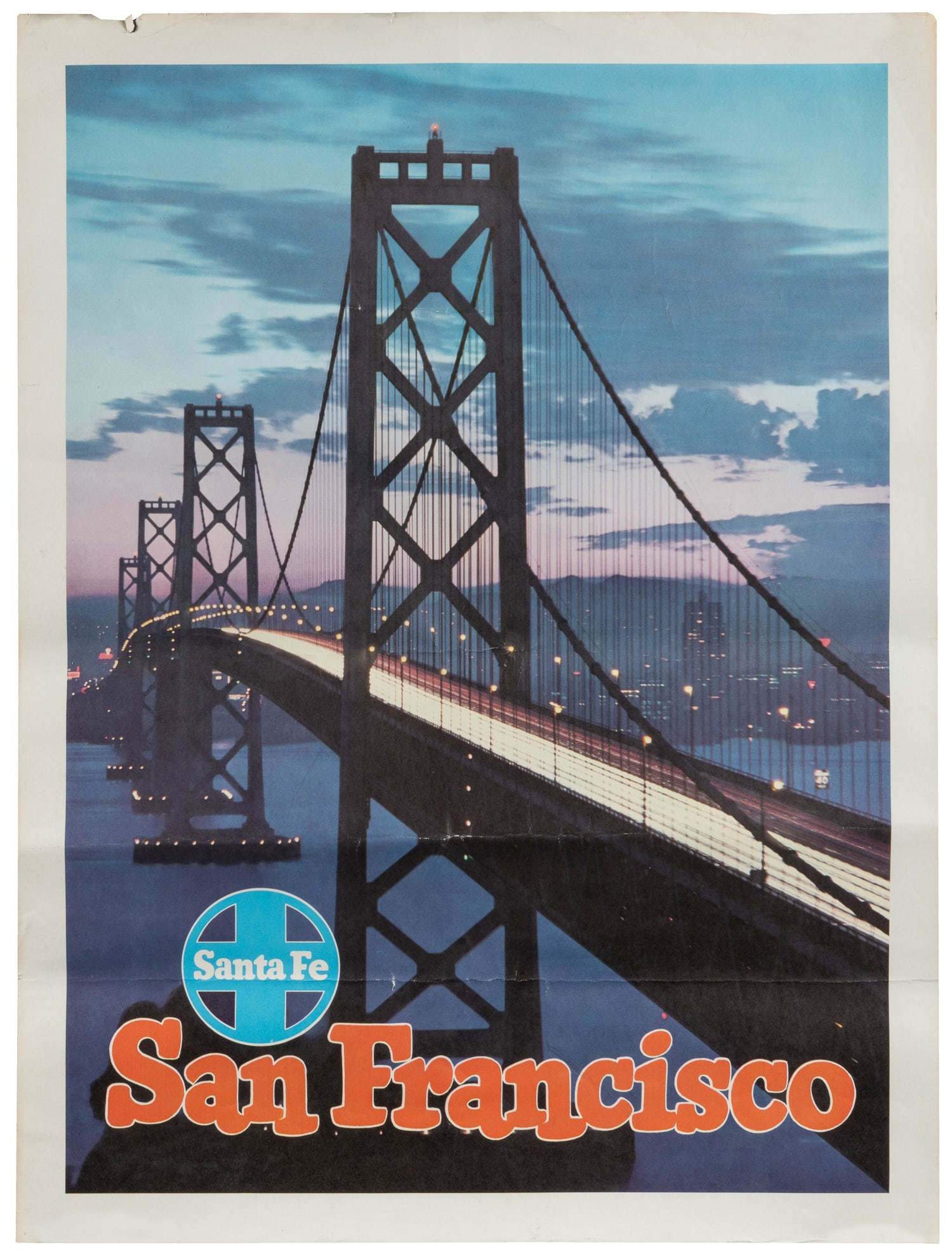 Santa Fe / San Francisco. : Santa Fe / San Francisco. Circa 1950s. Travel poster depicting the Golden Gate Bridge at dusk. Paper. 24 x 18".