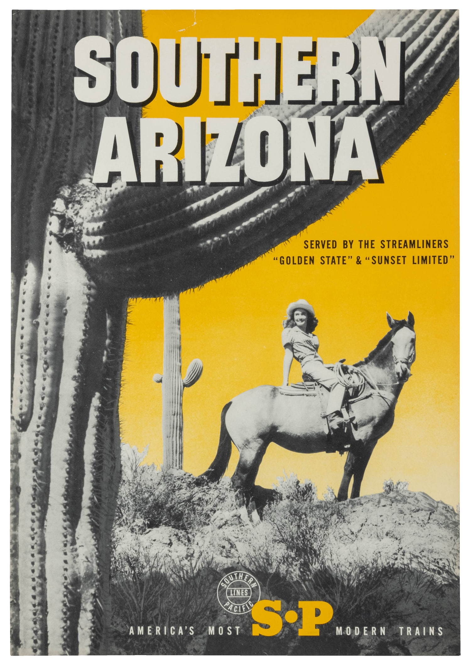 Southern Arizona / Southern Pacific.: Southern Arizona / Southern Pacific. Circa 1950s. Photo-montage travel poster with giant Saguaros and a woman on horseback, advertising SP's "Golden State" and "Sunset