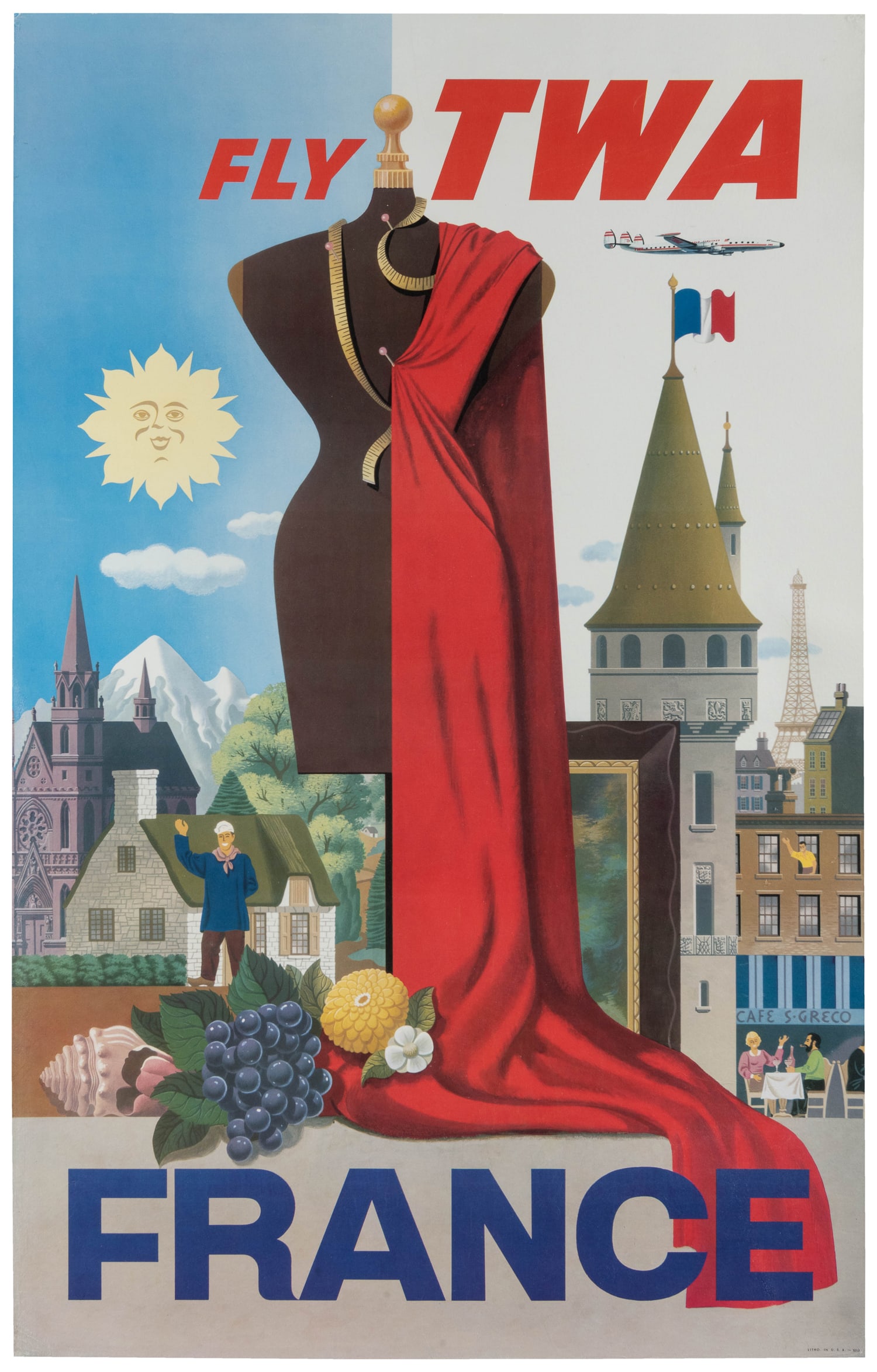 GRECO, Simon (1917 - 2005). Fly TWA / France.: GRECO, Simon (1917 - 2005). Fly TWA / France. Circa 1960. Airline poster filled with symbols and icons of sightseeing and landmarks of France. The artist's name is on the cafe awnin