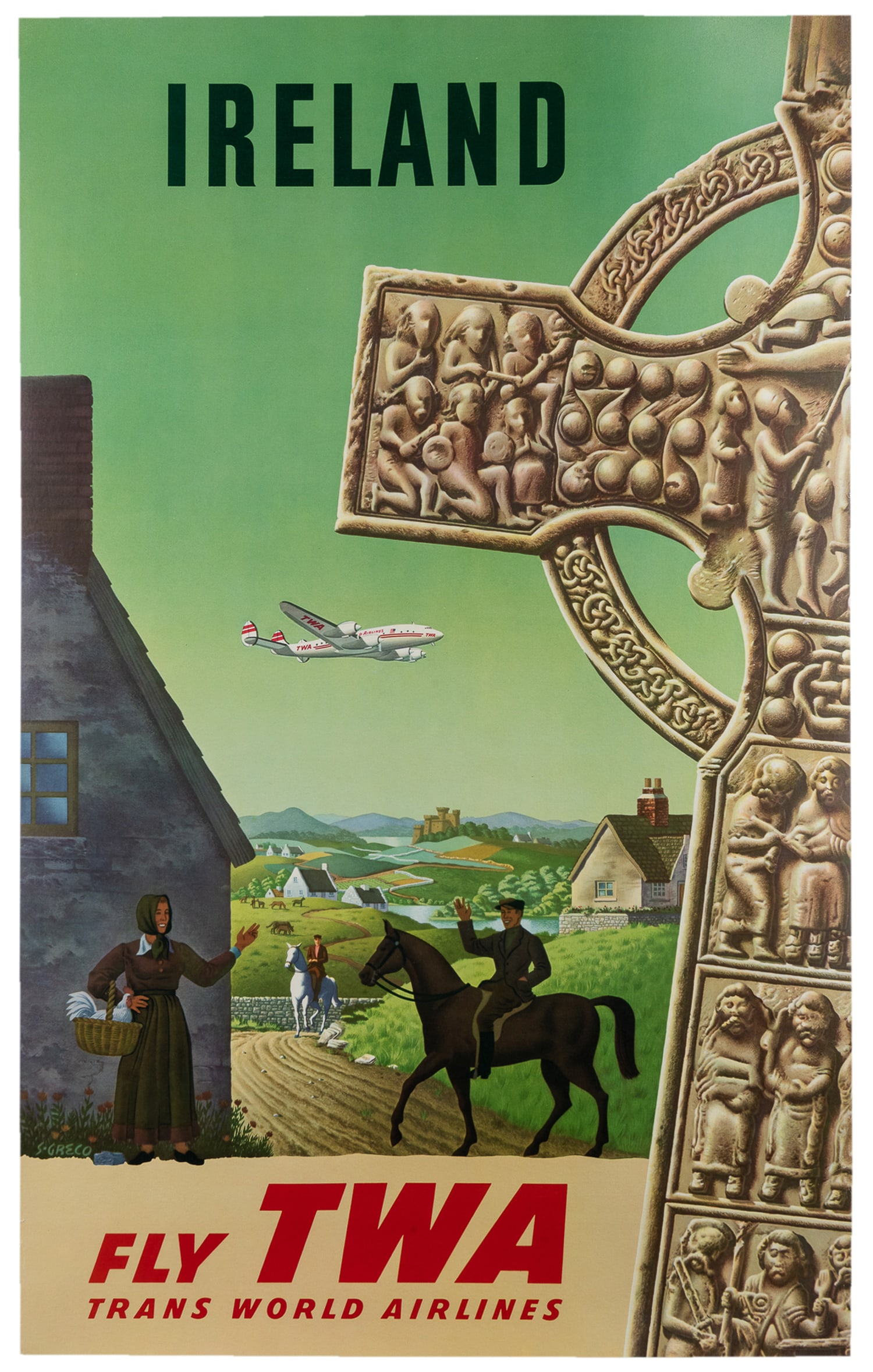 GRECO, Simon (1917 -2005). Fly TWA to Ireland. Circa 1955.: GRECO, Simon (1917 - 2005). Fly TWA to Ireland. Circa 1955. A TWA jet flies over the Irish countryside, and a massive Celtic cross fills the right side of the poster. 40 ¼ x 25”. Linen
