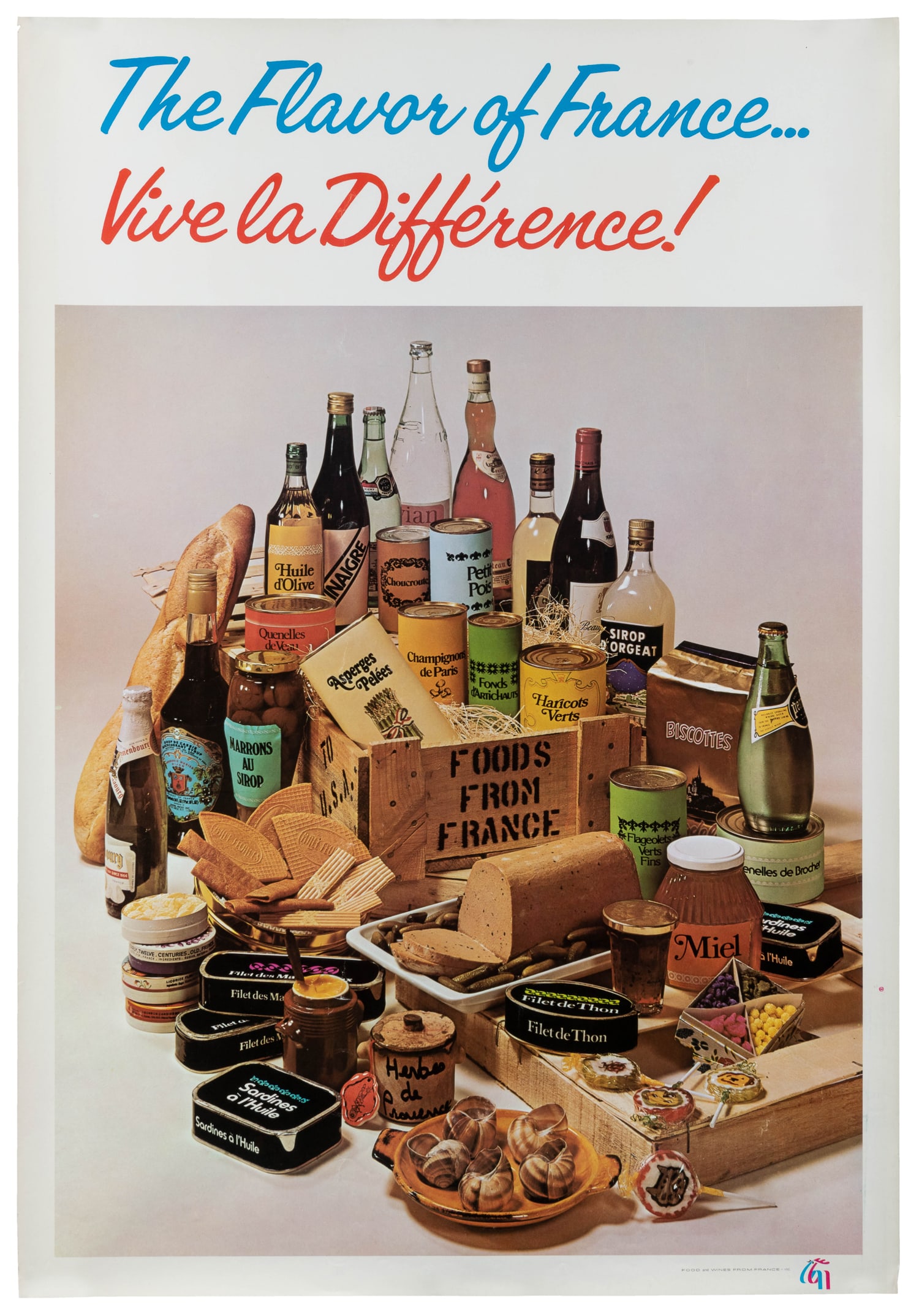 The Flavor of France‚Ä¶ Vive la Difference!: The Flavor of France… Vive la Difference! Food and Wines from France, Inc., ca. 1960s. Offset lithograph advertisement for French cuisine and products featuring a myriad of items.