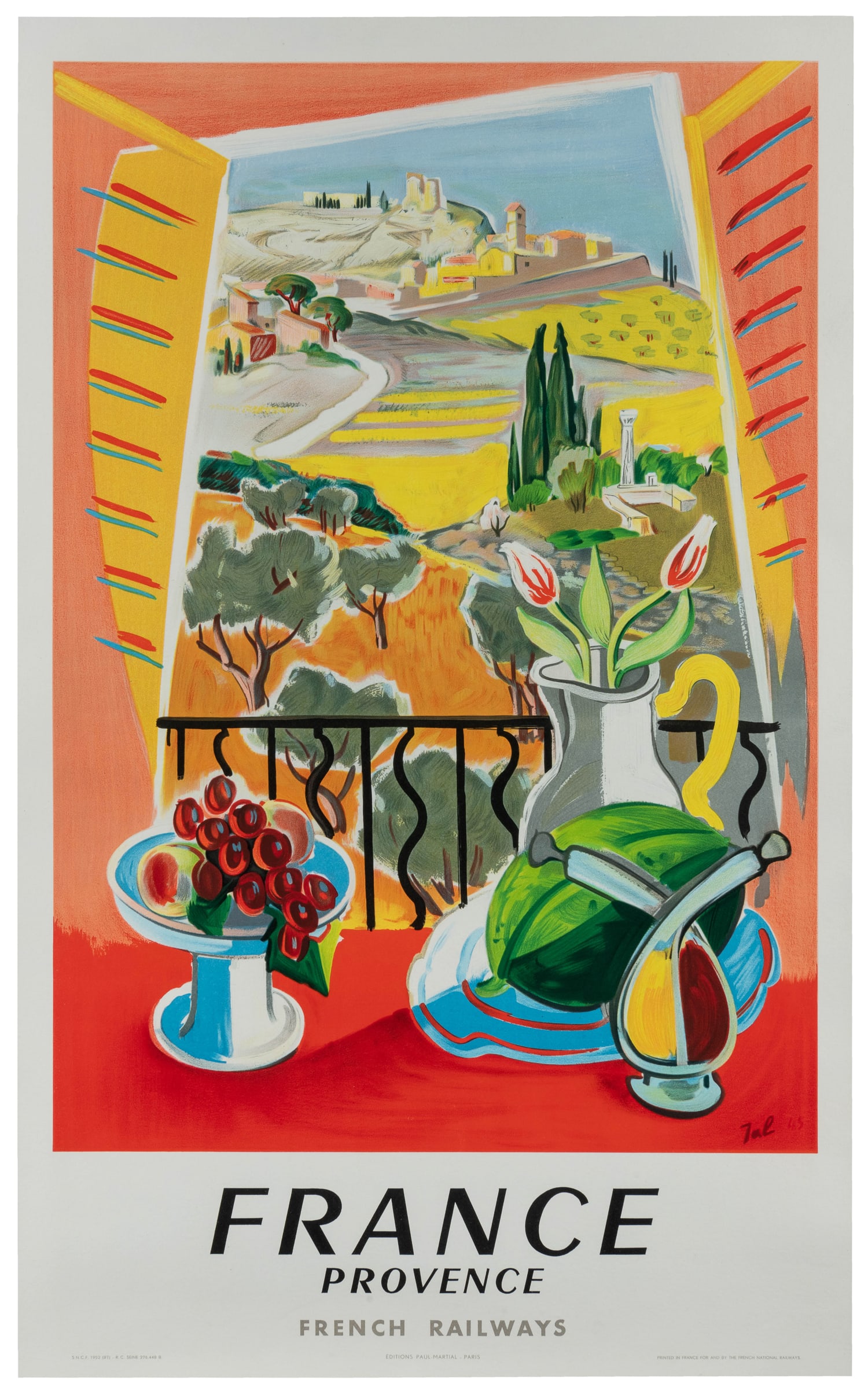 JAL. France / Provence. 1952.: JAL. France / Provence. 1952. Paris: Editions Paul-Martial. Color offset lithograph French Railways poster with a colorful illustration. Linen backed. 39 1/2 x 24 1/4".