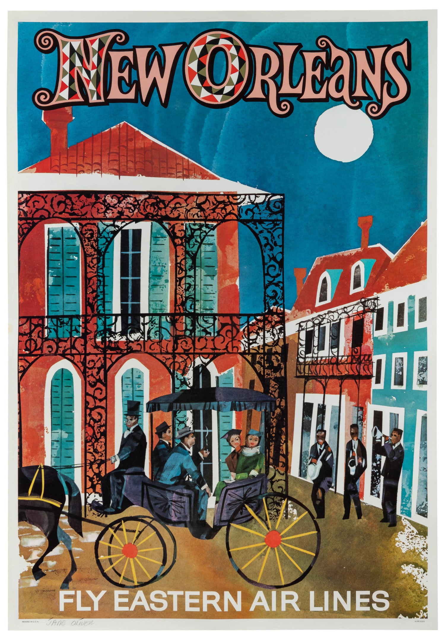 OLIVER, Jane.¬†New Orleans / Eastern Airlines.: OLIVER, Jane. New Orleans / Eastern Airlines. Circa 1970s. Color offset lithograph airline poster depicting tourists in a carriage with a jazz band in the background. Linen backed. 40 x 27