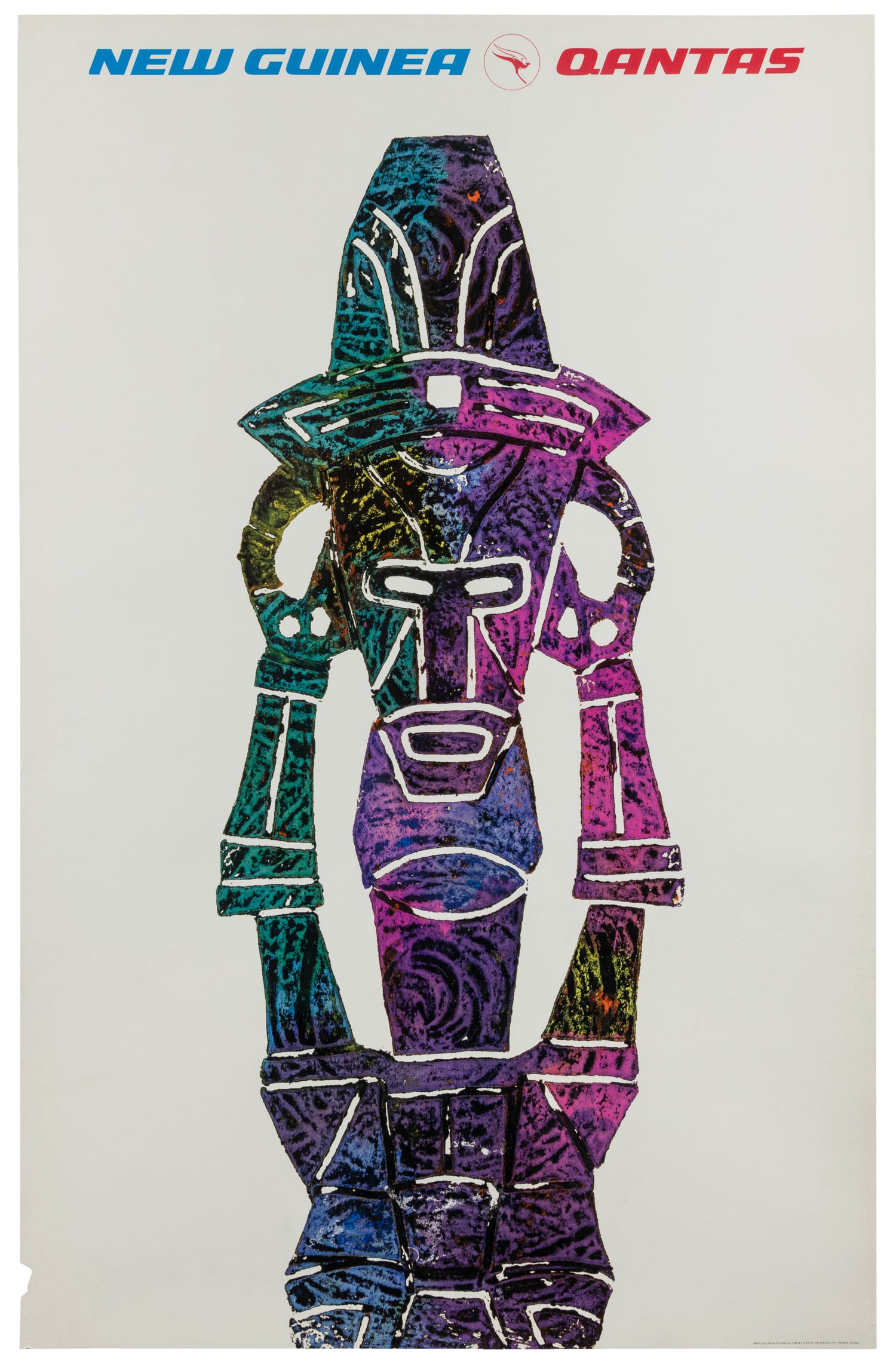 New Guinea / Qantas.: New Guinea / Qantas. Circa 1970s. Artwork based on a tribal mask. Linen backed. 39 x 25 1/2". 