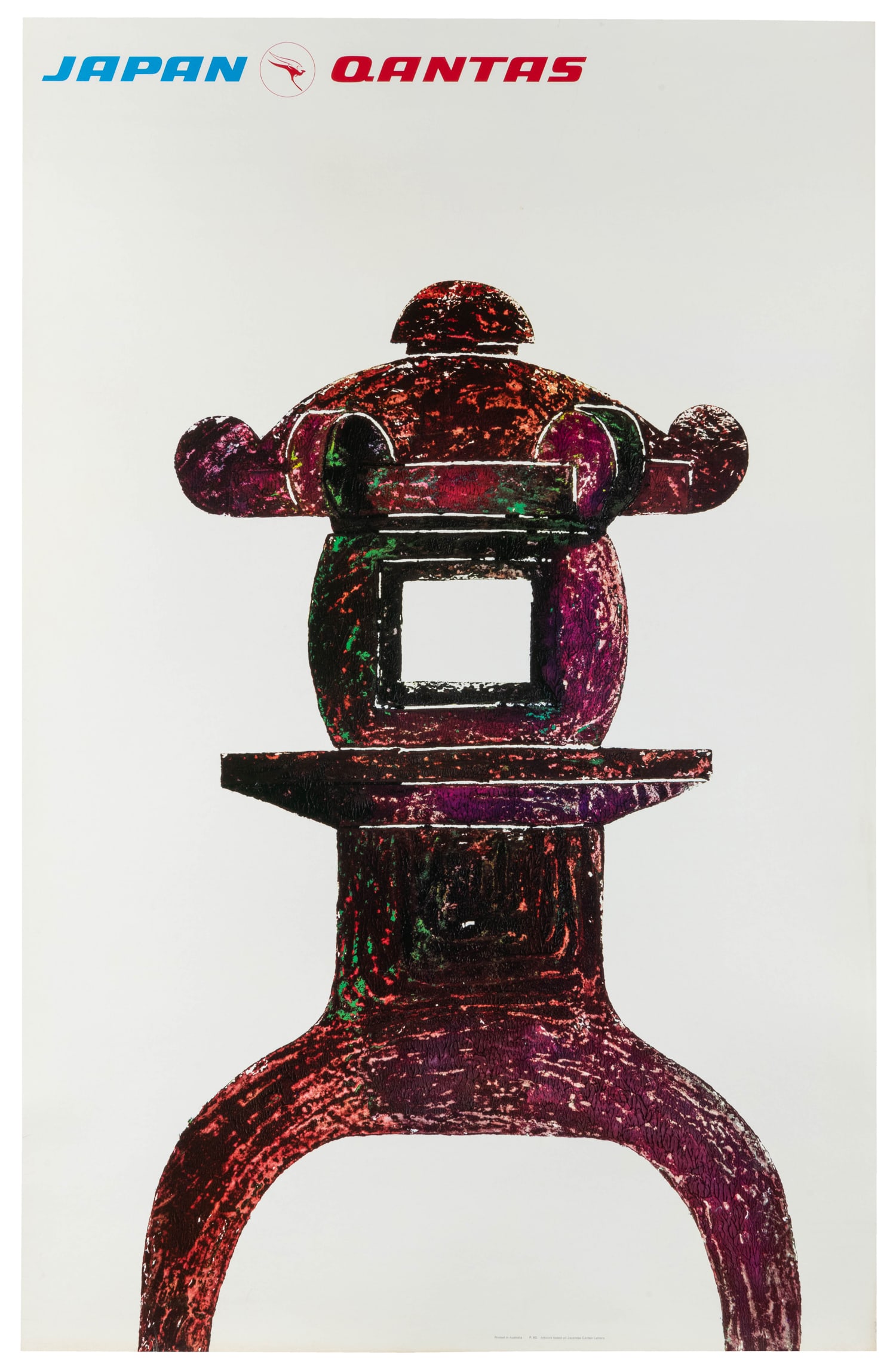 Japan / Qantas.: Japan / Qantas. Circa 1970s. Airline poster with artwork based on a Japanese garden lantern. From a series of Qantas posters with illustrations created using aboriginal bark painting
