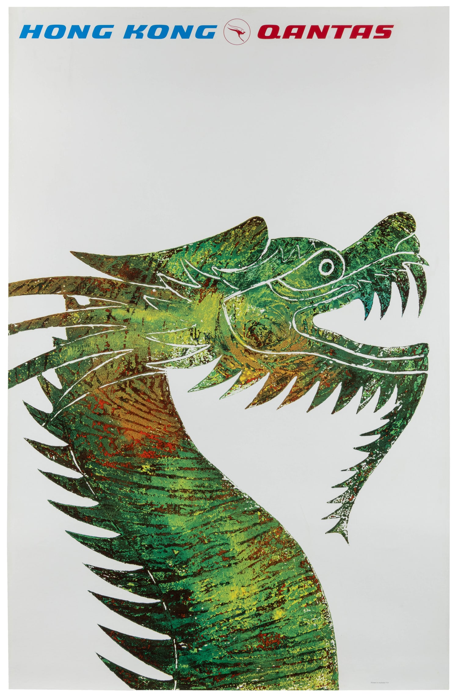 Hong Kong / Qantas.: Hong Kong / Qantas. Circa 1970s. Airline poster with the profile of a dragon. From a series of Qantas posters with illustrations created using aboriginal bark painting techniques.Linen