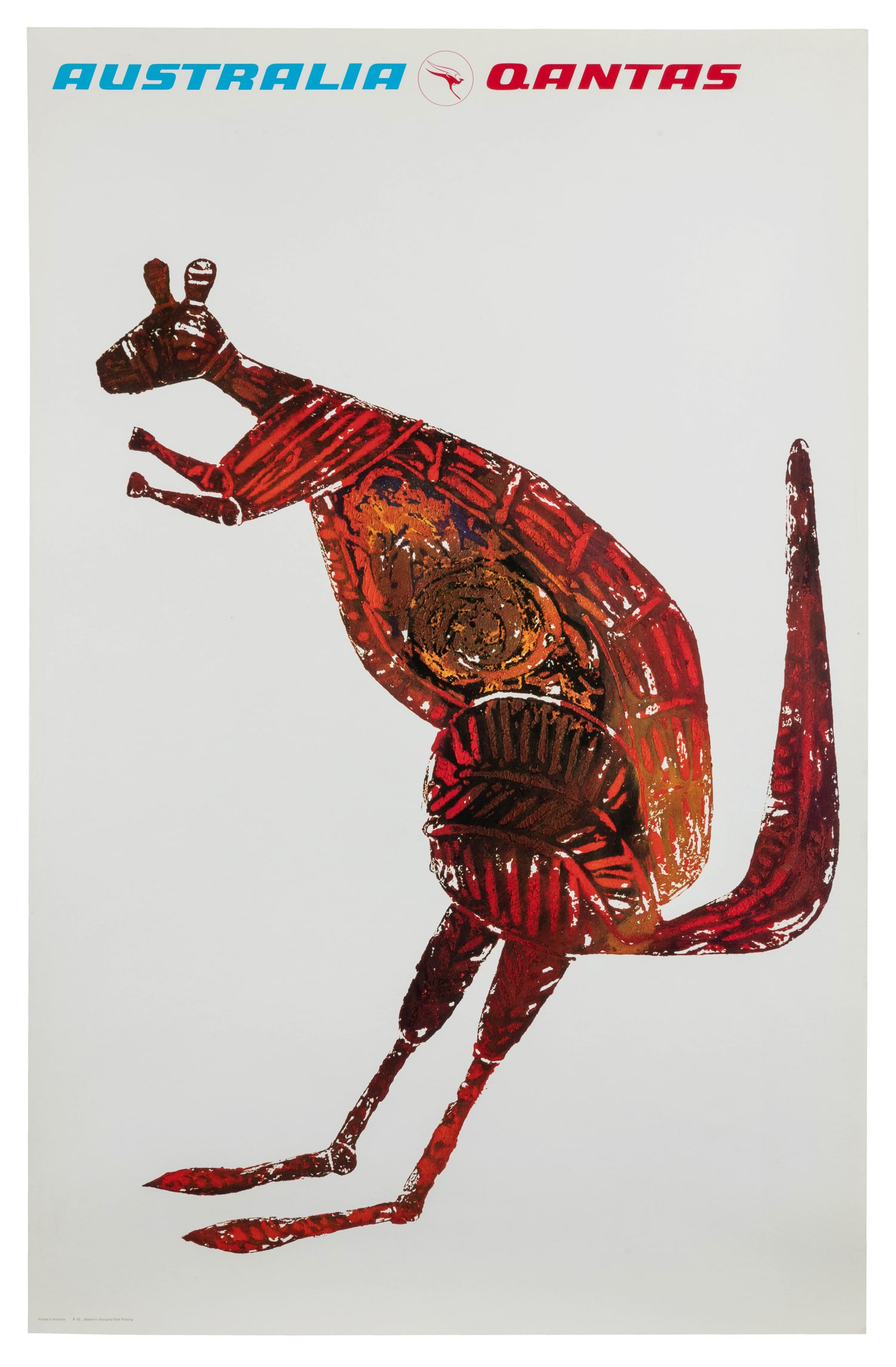 Australia / Qantas.: Australia / Qantas. Circa 1970s. Airline poster with a silhouette of a kangaroo, from the series with art based on aboriginal bark painting.Linen backed. 39 1/4 x 25 1/4".