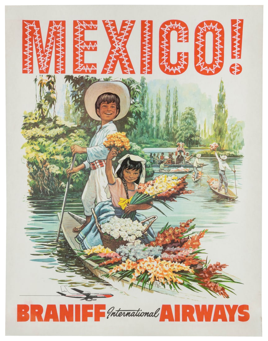 Mexico / Braniff International Airways.: Mexico / Braniff International Airways. Circa 1960s. Travel poster depicting a pair of children rowing a flower-filled canoe across a river.Linen backed. 26 x 20 ¼”. 