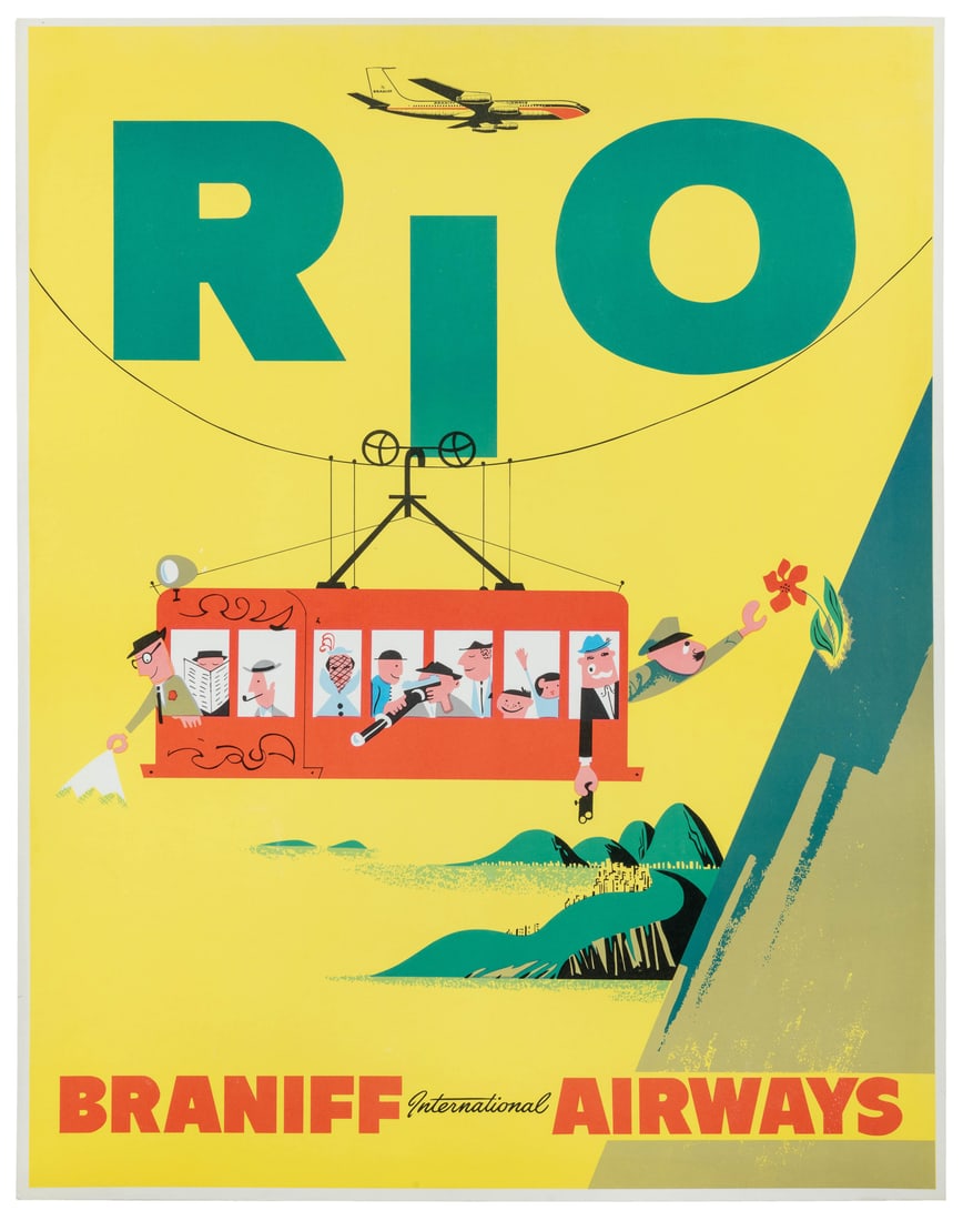 Rio / Braniff International Airways.: Rio / Braniff International Airways. Circa 1960s. Travel poster depicting travelers on a funicular. Braniff jet visible in sky.Linen backed. 25 3/4 x 20 1/4". 