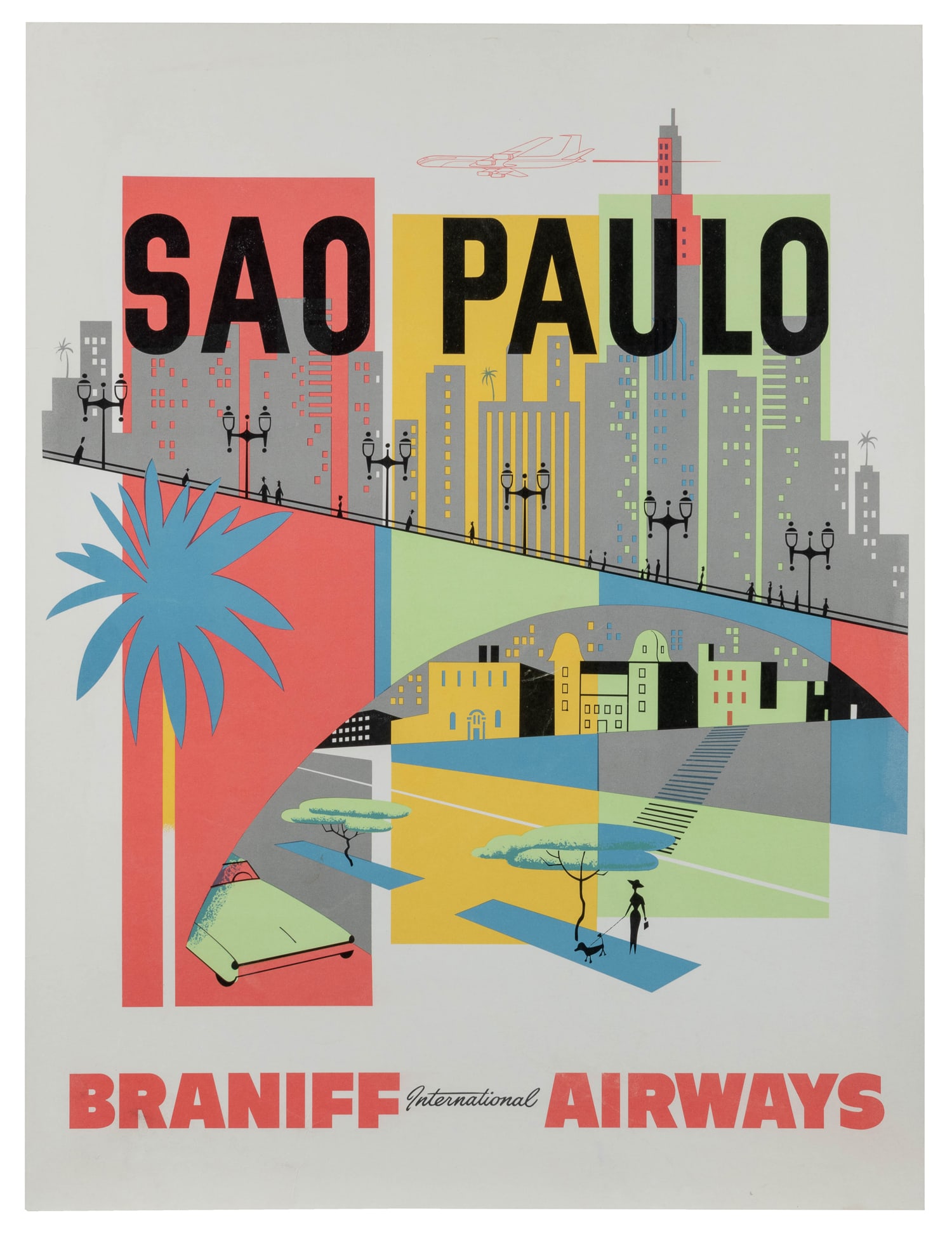 Sao Paulo / Braniff International Airways. Circa 1960s.: Sao Paulo / Braniff International Airways. Circa 1960s. Offset lithograph mid-century airline poster in bright pastels with the city skyline, a bridge, trees, and other vignettes.Linen backed.