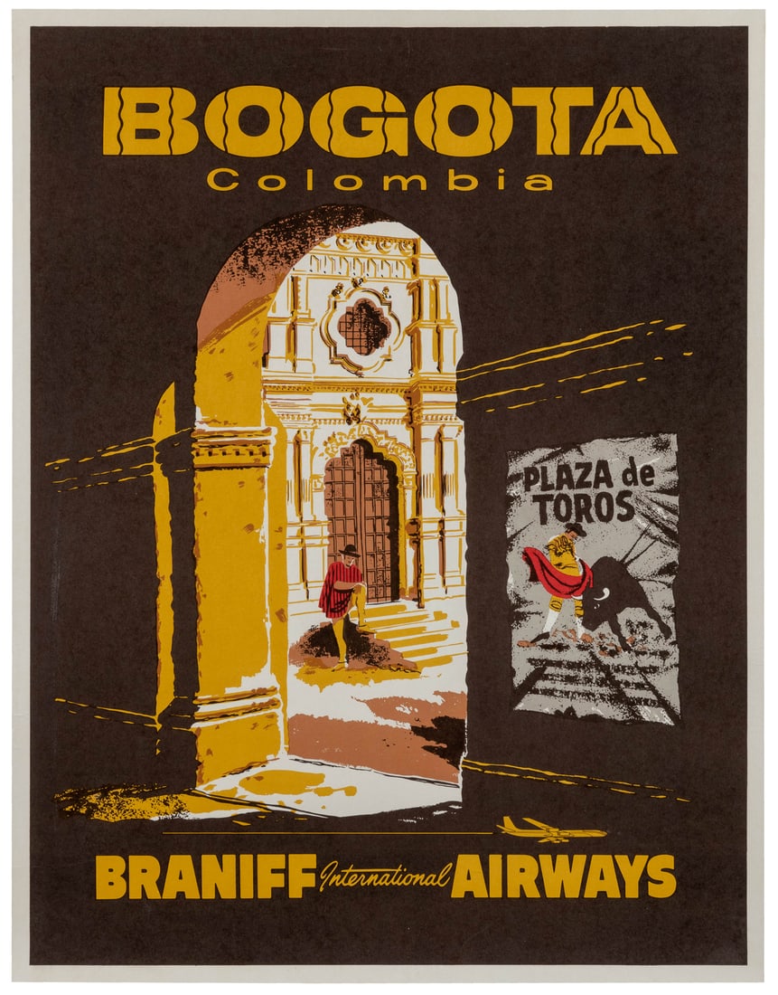 Bogota Bolivia / Braniff International Airways.: Bogota Bolivia / Braniff International Airways. Circa 1960s. Travel poster with a view looking through an archway at the front doors of a church with a broadside of a bullfight plastered onto a