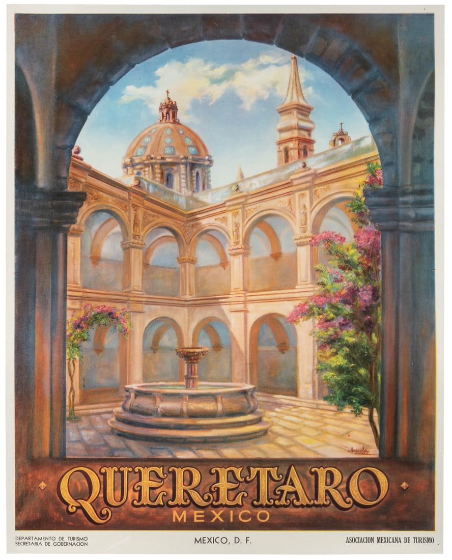 ARREOLA. Queretaro / Mexico.: ARREOLA. Queretaro / Mexico. Circa 1950s. Tourism poster with an illustration of a picturesque courtyard - a former convent which is now the home of the Queretaro Art Museum.Linen backed. 34 3/4