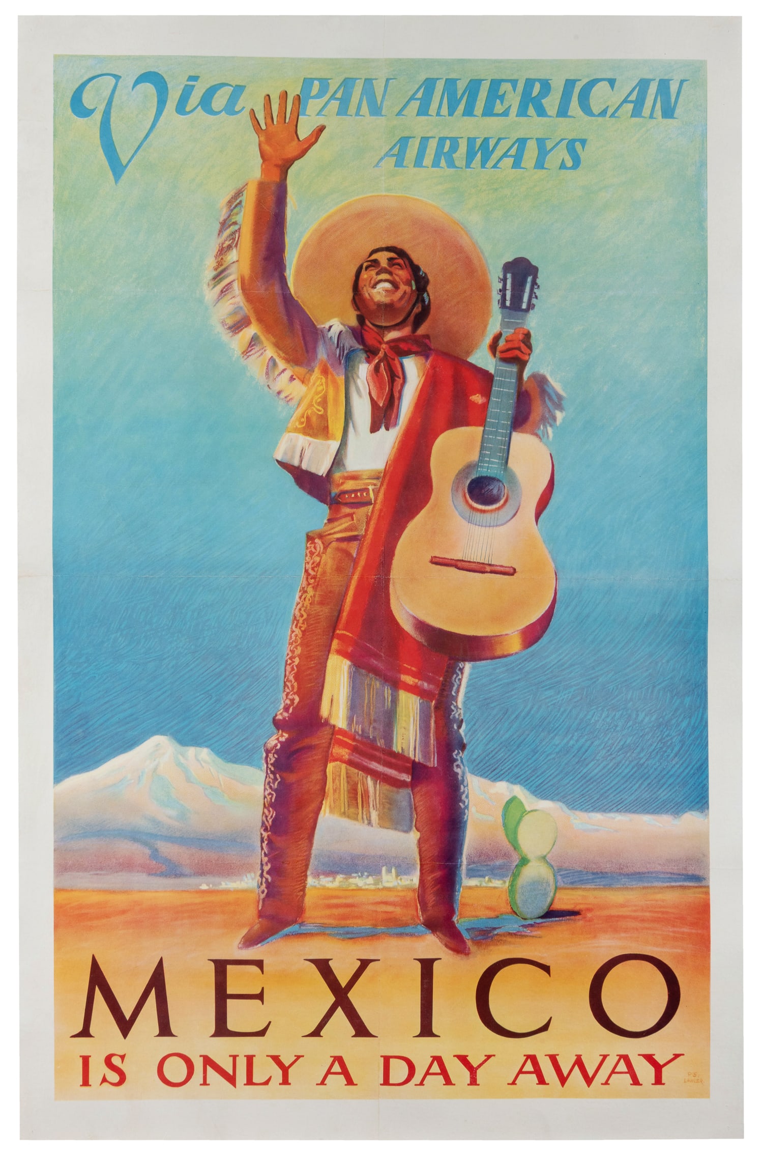 LAWLER, Paul George. Mexico / via Pan American Airways.: LAWLER, Paul George. Mexico / via Pan American Airways. Circa 1940s. Offset lithograph airline poster depicts a smiling mariachi musician in a desert, waving up (at a passing plane, by