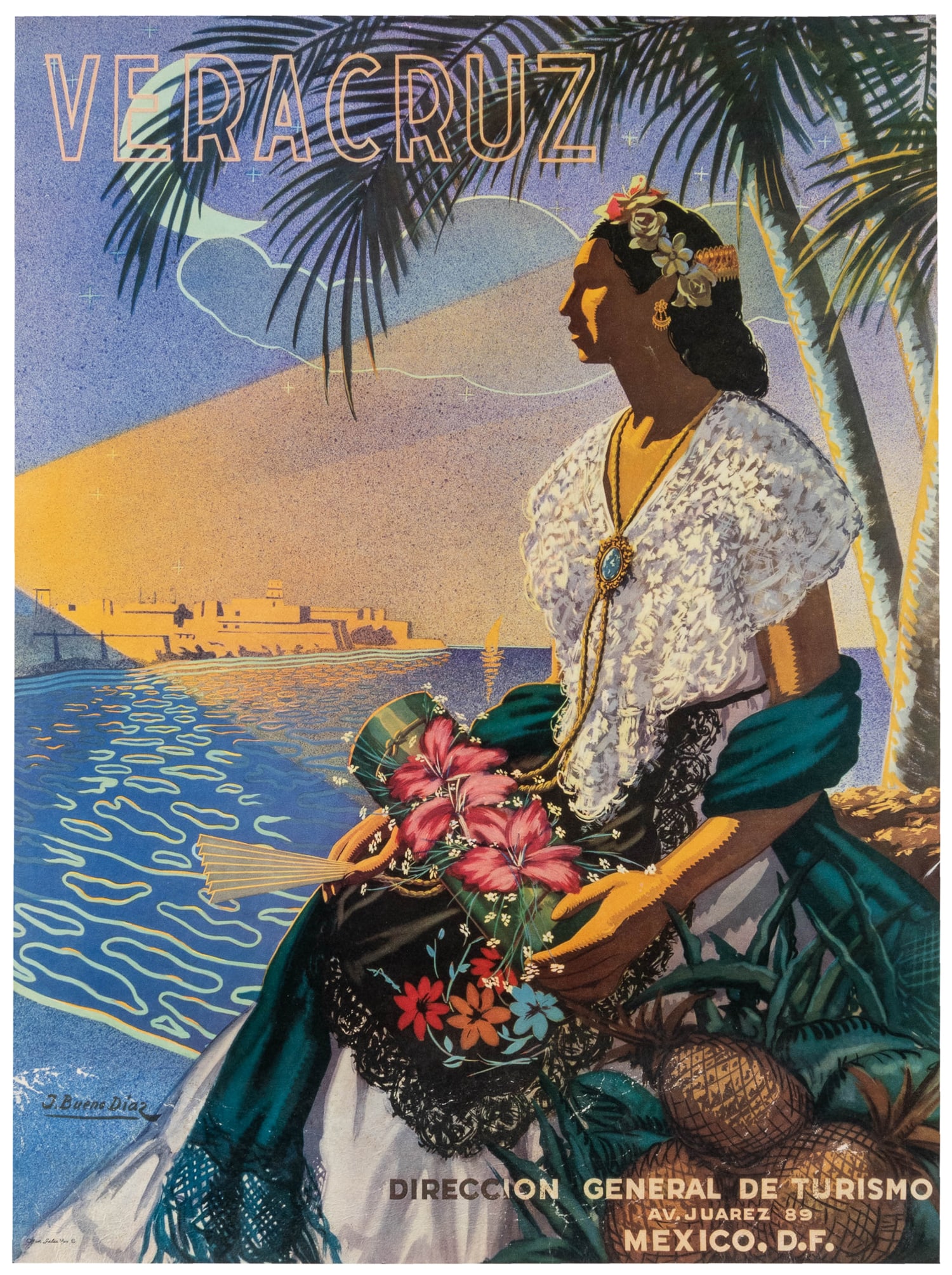 DIAZ BUENO, J. Veracruz. Mexico Tourism Poster. 1949.: DIAZ BUENO, J. Veracruz. Mexico Tourism Poster. 1949. Offset lithograph travel poster depicting a young woman bedecked with flowers seated while viewing the Veracruz Bay. Linen backed. 25 x
