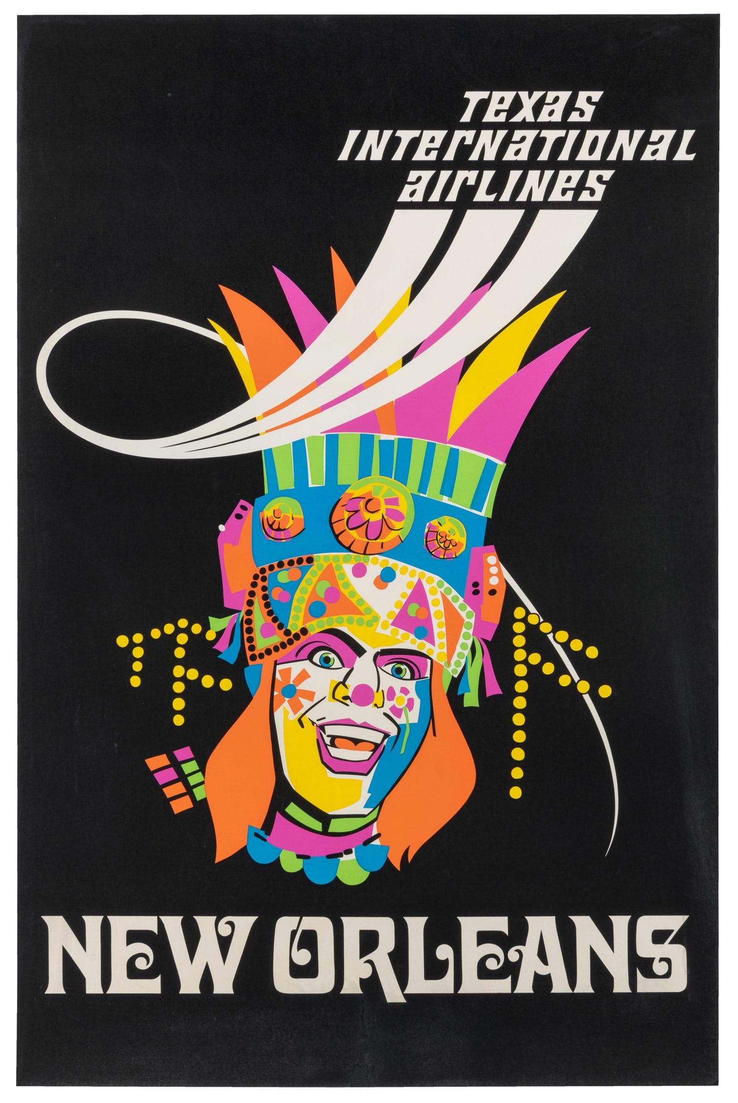 Texas International Airlines / New Orleans.: Texas International Airlines / New Orleans. Circa 1970s. Silkscreen poster with a colorful portrait of Mardi Gras' Rex. Texas International, or Trans-Texas Airways until 1969, was a