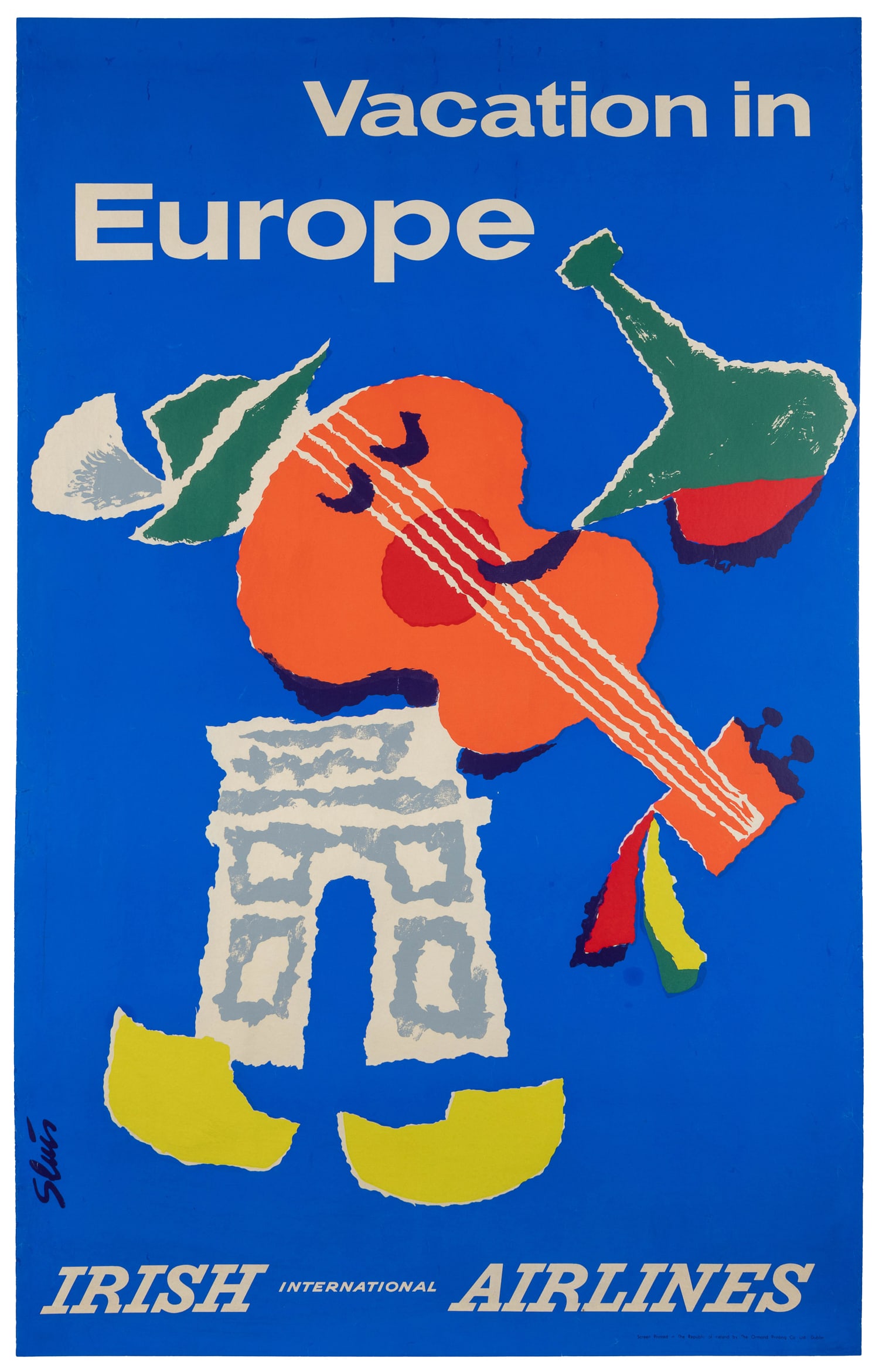 SLUIS, Piet (1929 - 2008). Vacation in Europe / Irish International Airlines.: SLUIS, Piet (1929 - 2008). Vacation in Europe / Irish International Airlines. Dublin: Ormond Printing Co., ca. 1957. Screen-print poster with colorful figures on a blue background. Linen backed.