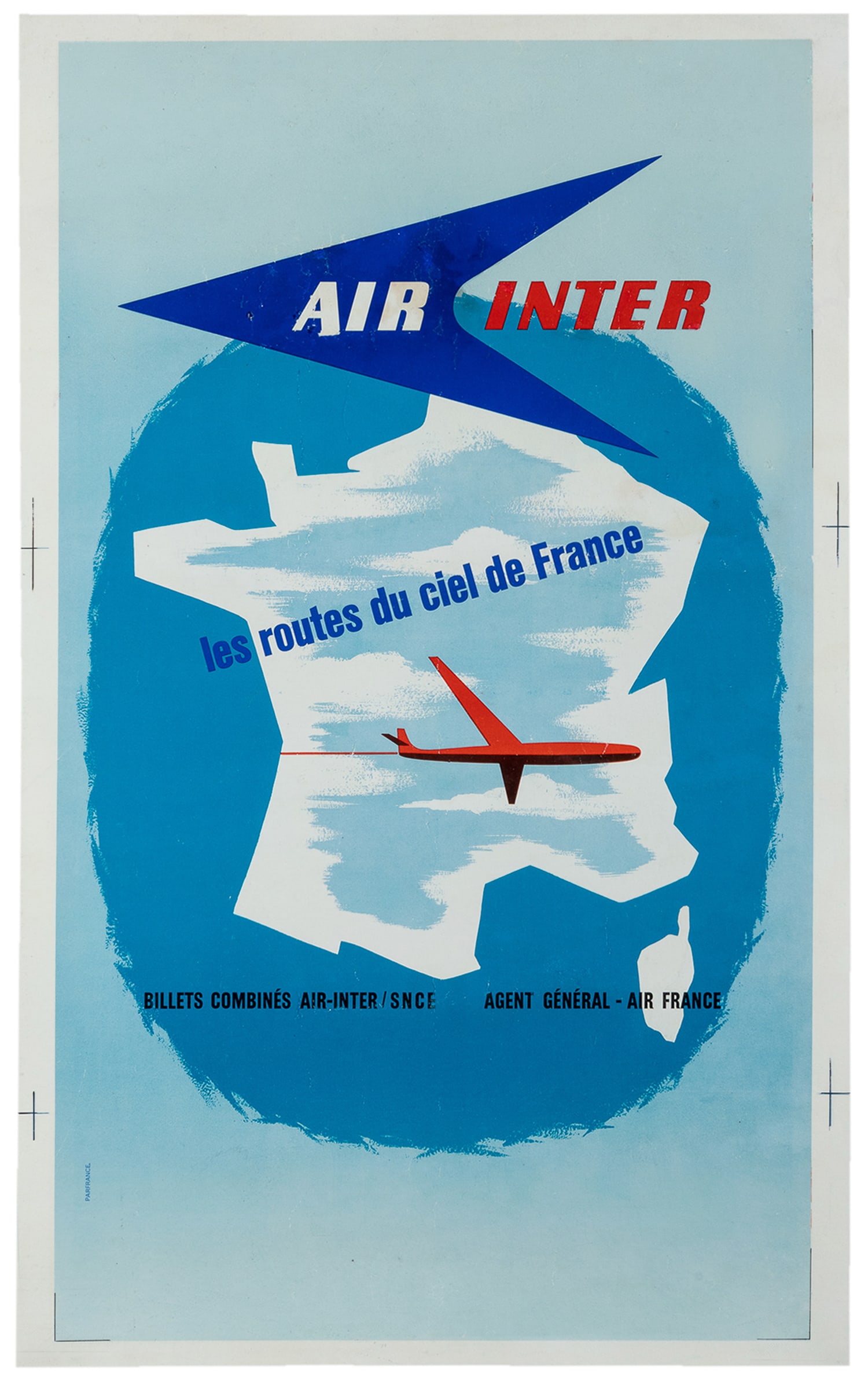 Air Inter / les routes du ciel de France. Mid 20th century: Air Inter / les routes du ciel de France. Circa 1960s. Travel poster advertising Air Inter, the French domestic airline, with a stylized illustration of a plane zipping across the country.