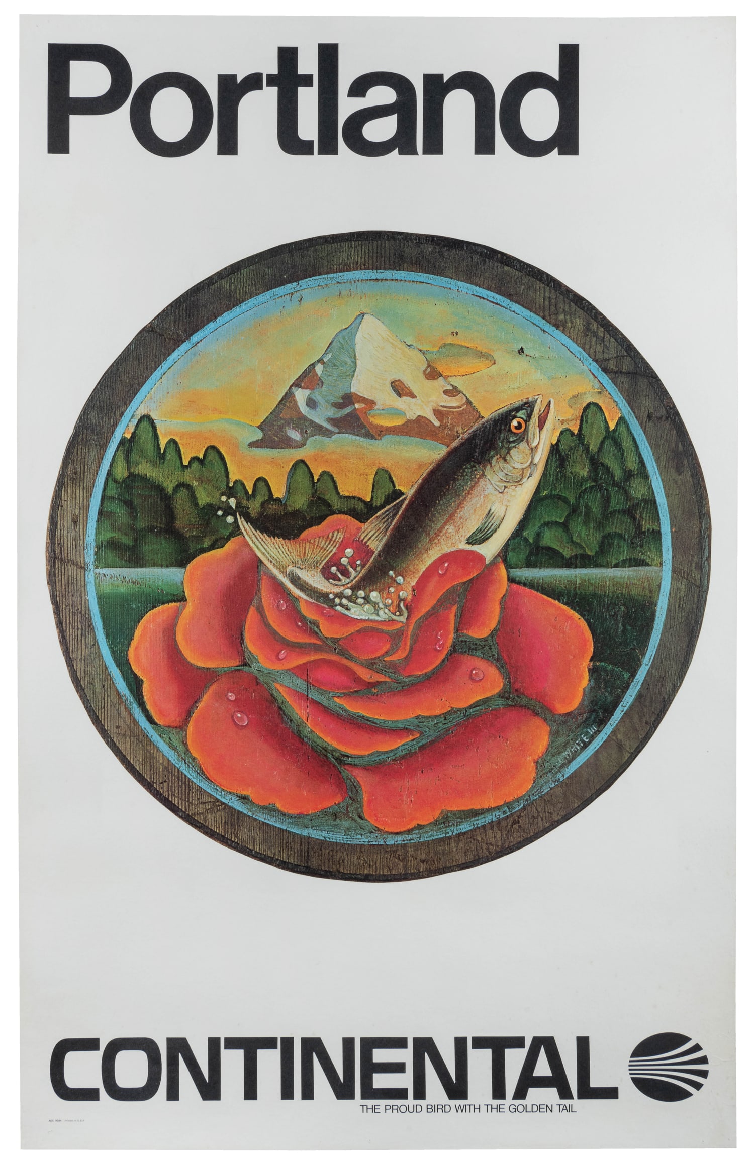 Portland / Continental.: Portland / Continental. Circa 1970s. Offset lithograph airline poster, the illustration by "C. White III."Linen backed. 39 3/4 x 25".