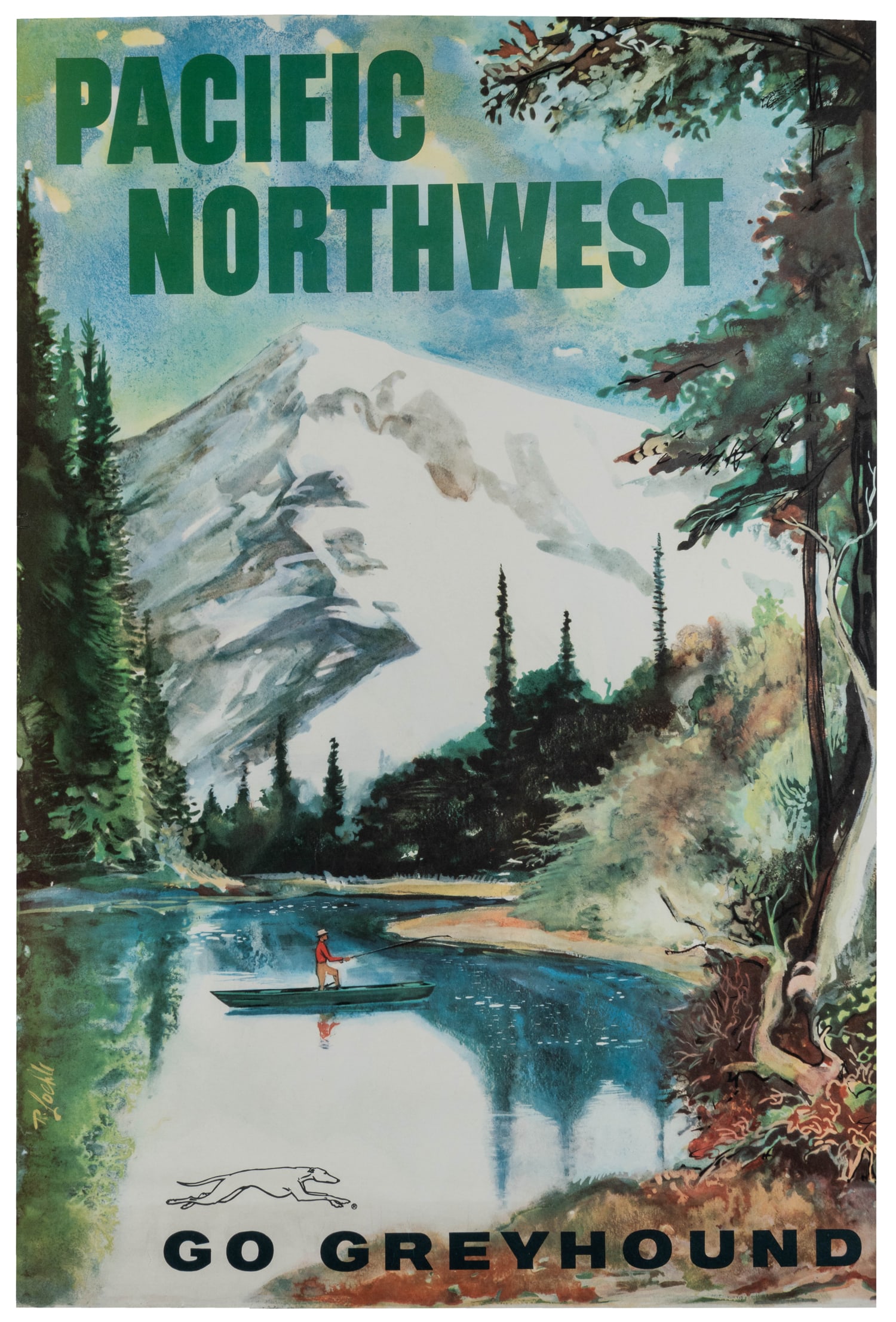 LOEHL, R. Pacific Northwest / Go Greyhound.: LOEHL, R. Pacific Northwest / Go Greyhound. Circa 1960s. Color offset lithograph travel poster promoting bus transportation to the Pacific Northwest, with an illustration of a fisherman on a lake
