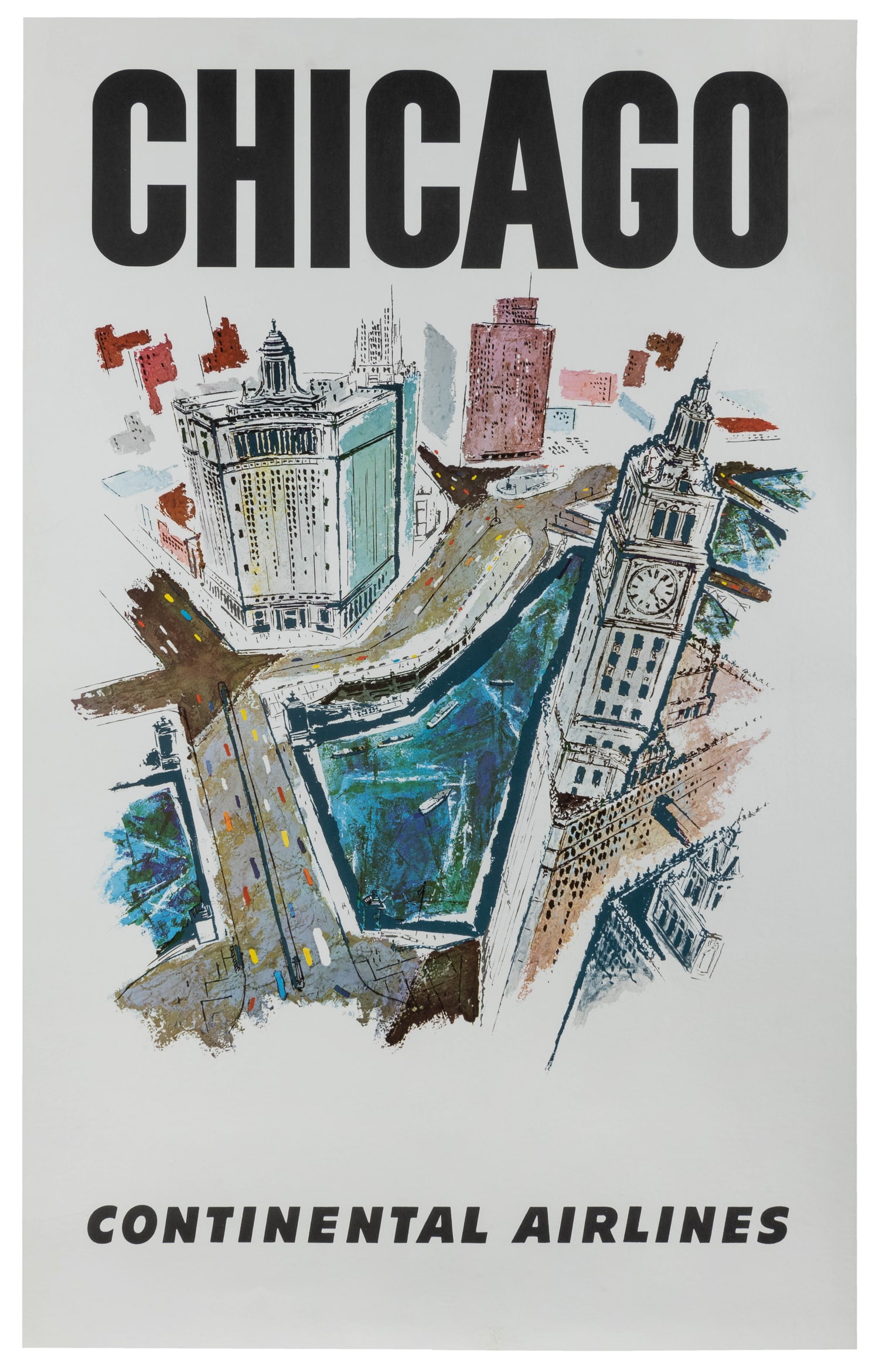 Chicago / Continental Airlines. Circa 1960s. : Chicago / Continental Airlines. Circa 1960s. Airline poster with a bird's-eye view of downtown Chicago's architecture and bridges. Linen backed. 40 x 25".