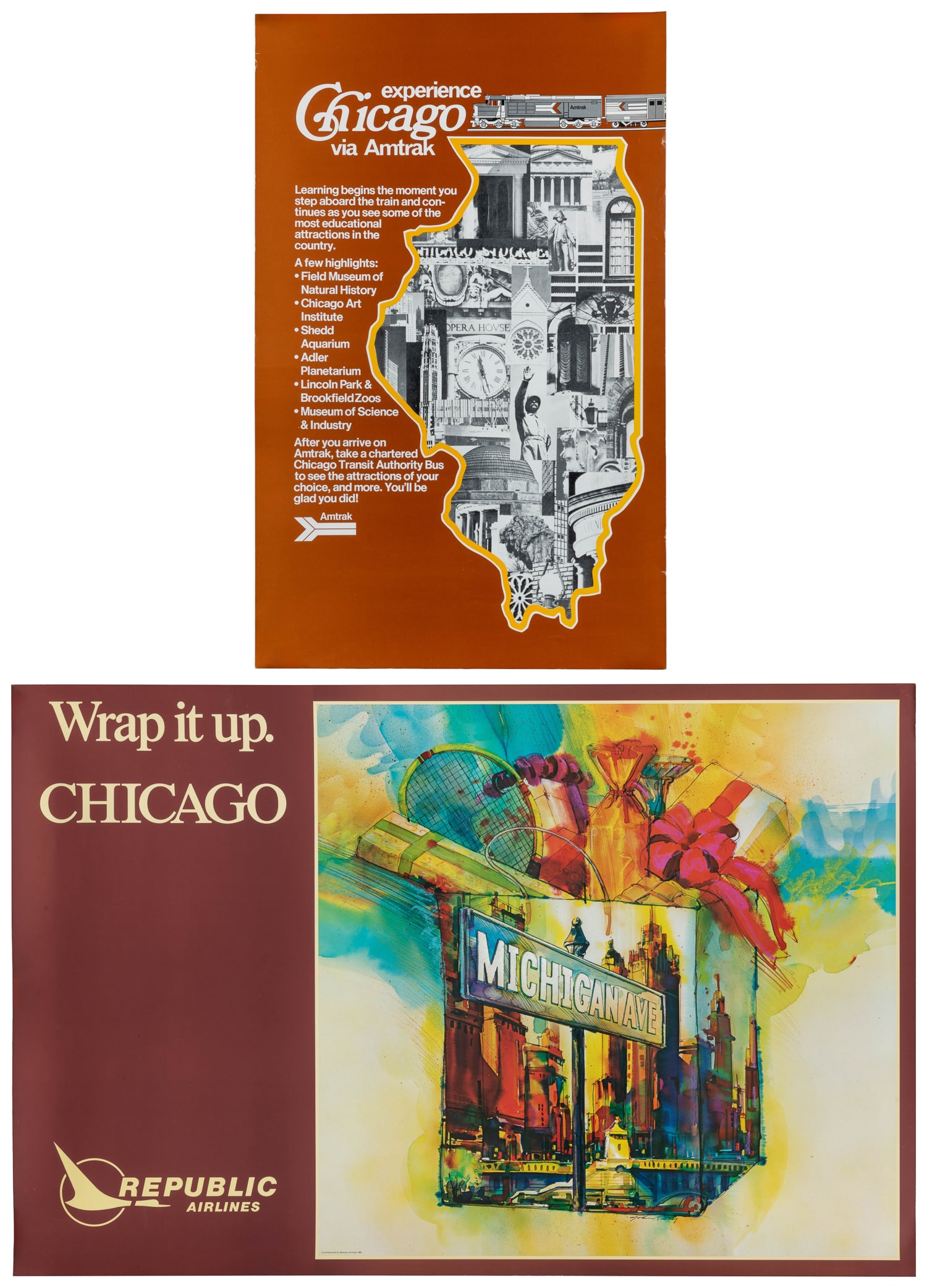 Chicago. Two travel posters. 1980: Chicago. Two travel posters. 1980. Two Chicago-centric posters, including: 