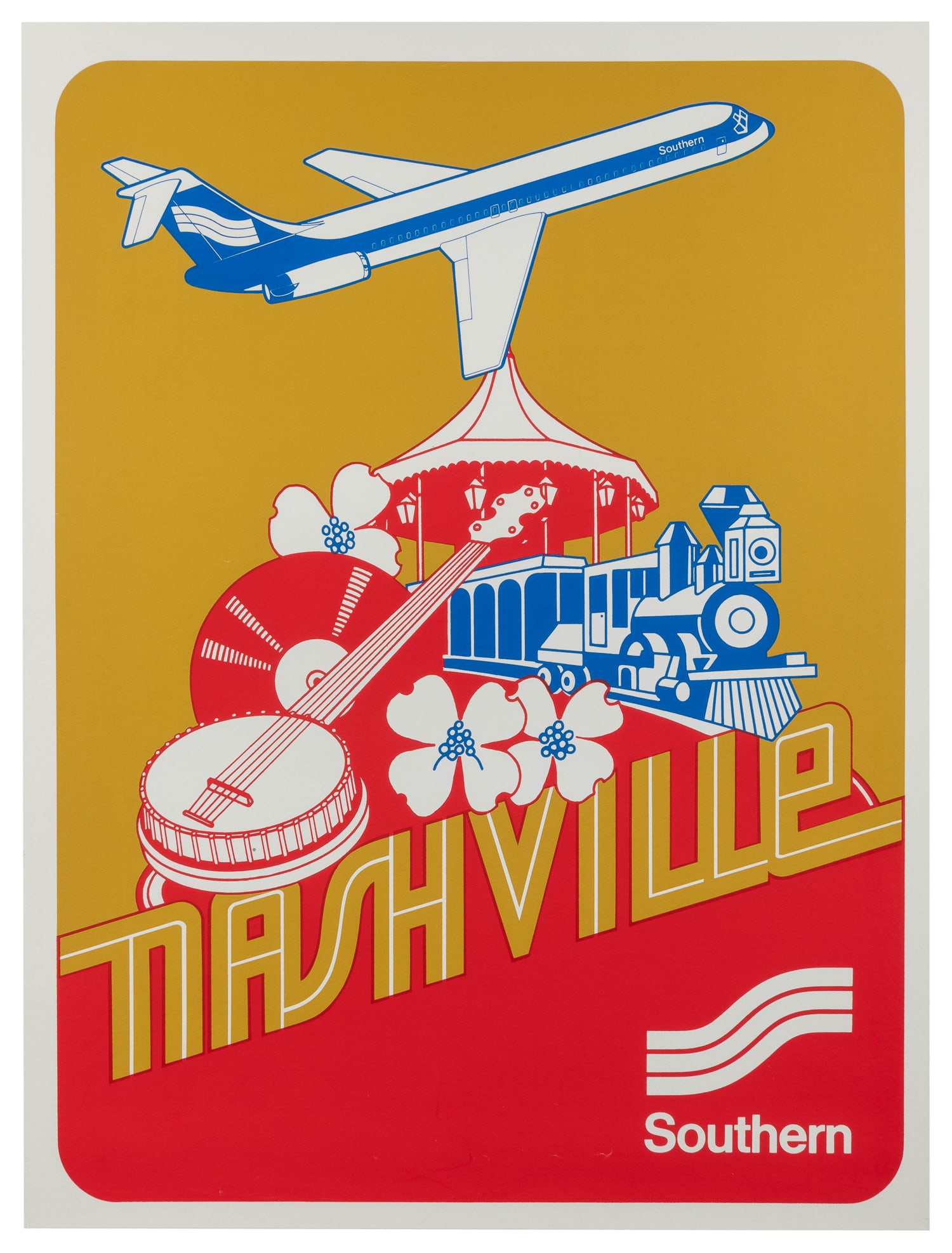 Nashville / Southern Airways.: Nashville / Southern Airways. Circa 1970s. Airline poster with symbols of Nashville and a Southern jet overhead. Linen backed. 25 x 19".