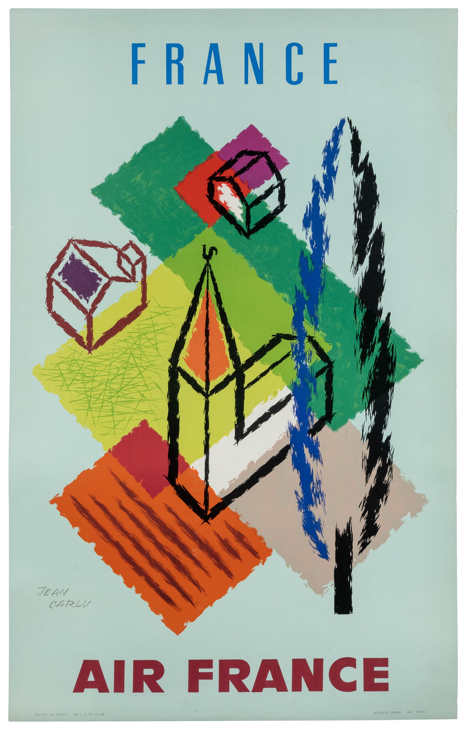 CARLU, Jean (1900-1997). Air France / France.: CARLU, Jean (1900-1997). Air France / France. 1958. Paris: Mourlot. Lithograph travel poster, with an image of a French village. Linen backed. 39 x 24 1/2".