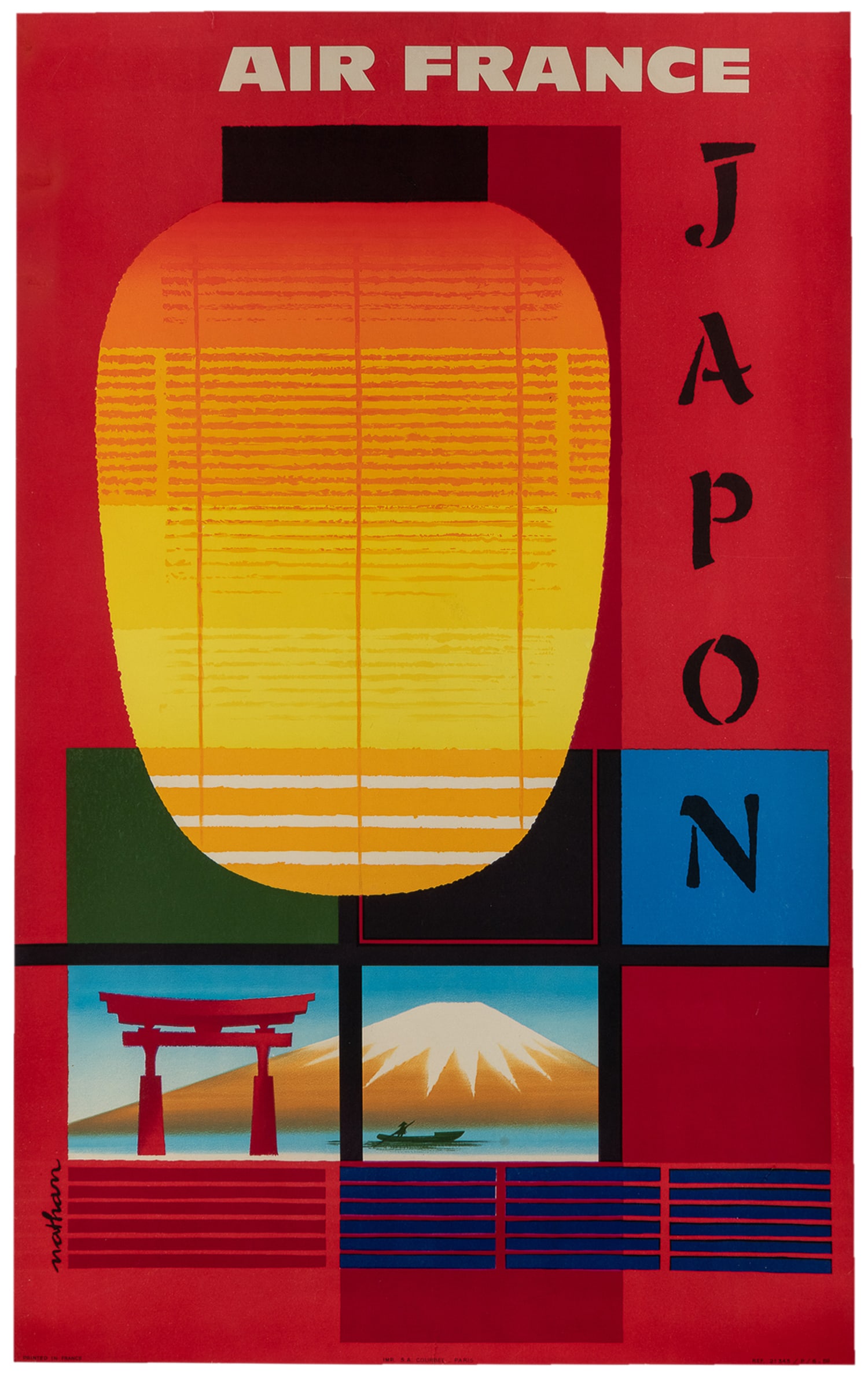 NATHAN-GARAMOND, Jacques (1910 – 2001). Air France / Japon. 1956.: NATHAN-GARAMOND, Jacques (1910 – 2001). Air France / Japon. 1956. Paris: S.A. Courbet. Vibrant mid-century travel poster featuring stylized Japanese lantern, Mount Fuji, and a Torii gate. 38 1/2