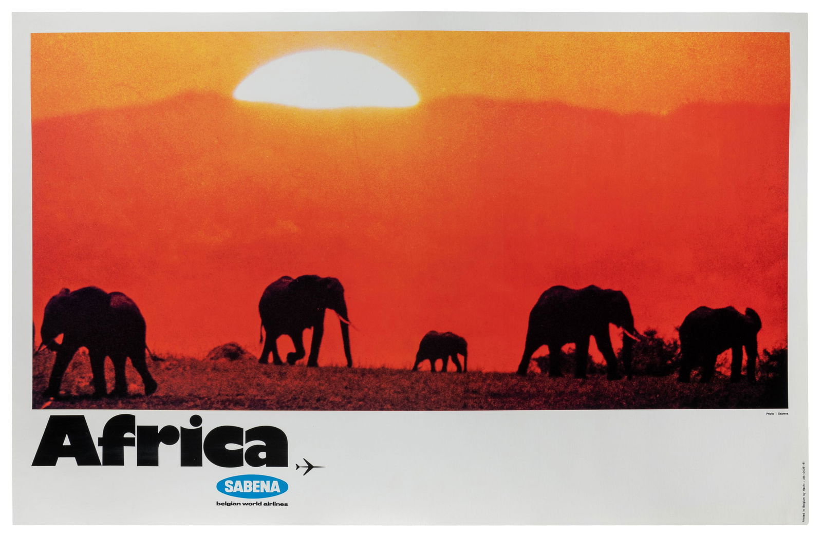 Africa. Sabena. Belgian World Airlines. Belgium: Hecht, ca. 1980s. : Africa. Sabena. Belgian World Airlines. Belgium: Hecht, ca. 1980s. A herd of elephants graze in front of an intense orange sunset. Linen backed. A. 20 ½ x 32”.