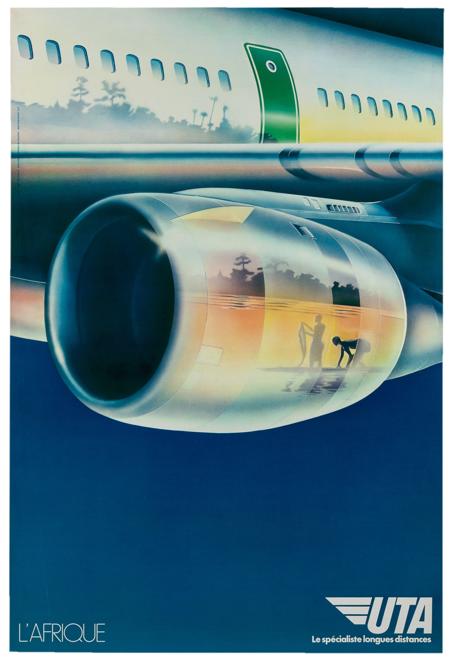 UTA / L'Afrique. 1970s.: UTA / L'Afrique. 1970s. Poster with an illustration of African canoers and landscape reflected on a UTA jet engine and body. Linen backed. 35 1/8 x 23 1/2".