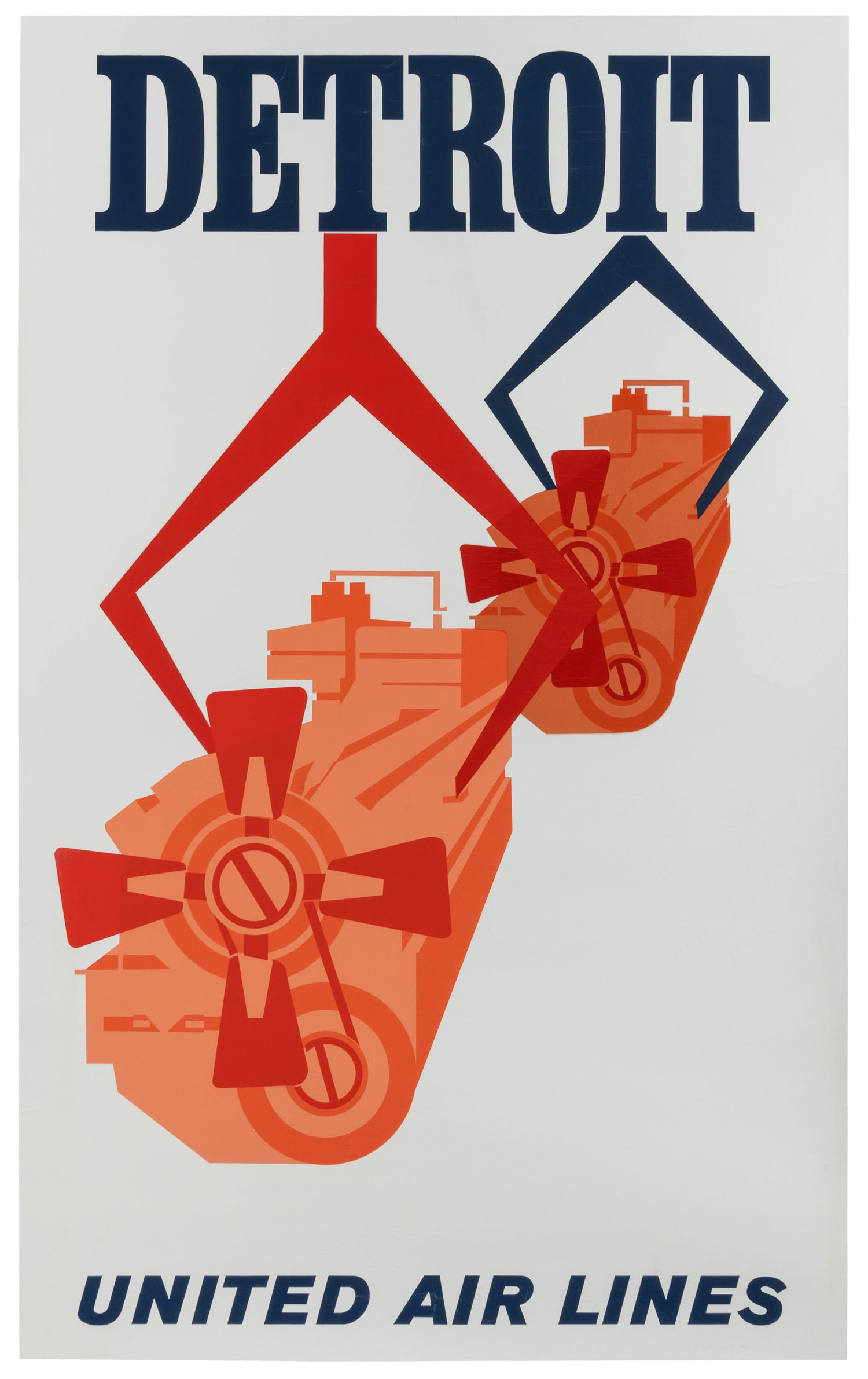 Detroit / United Air Lines.: Detroit / United Air Lines. Circa 1960s. Silkscreen travel poster depicting an auto assembly line.Linen backed. 40 x 24 7/8".