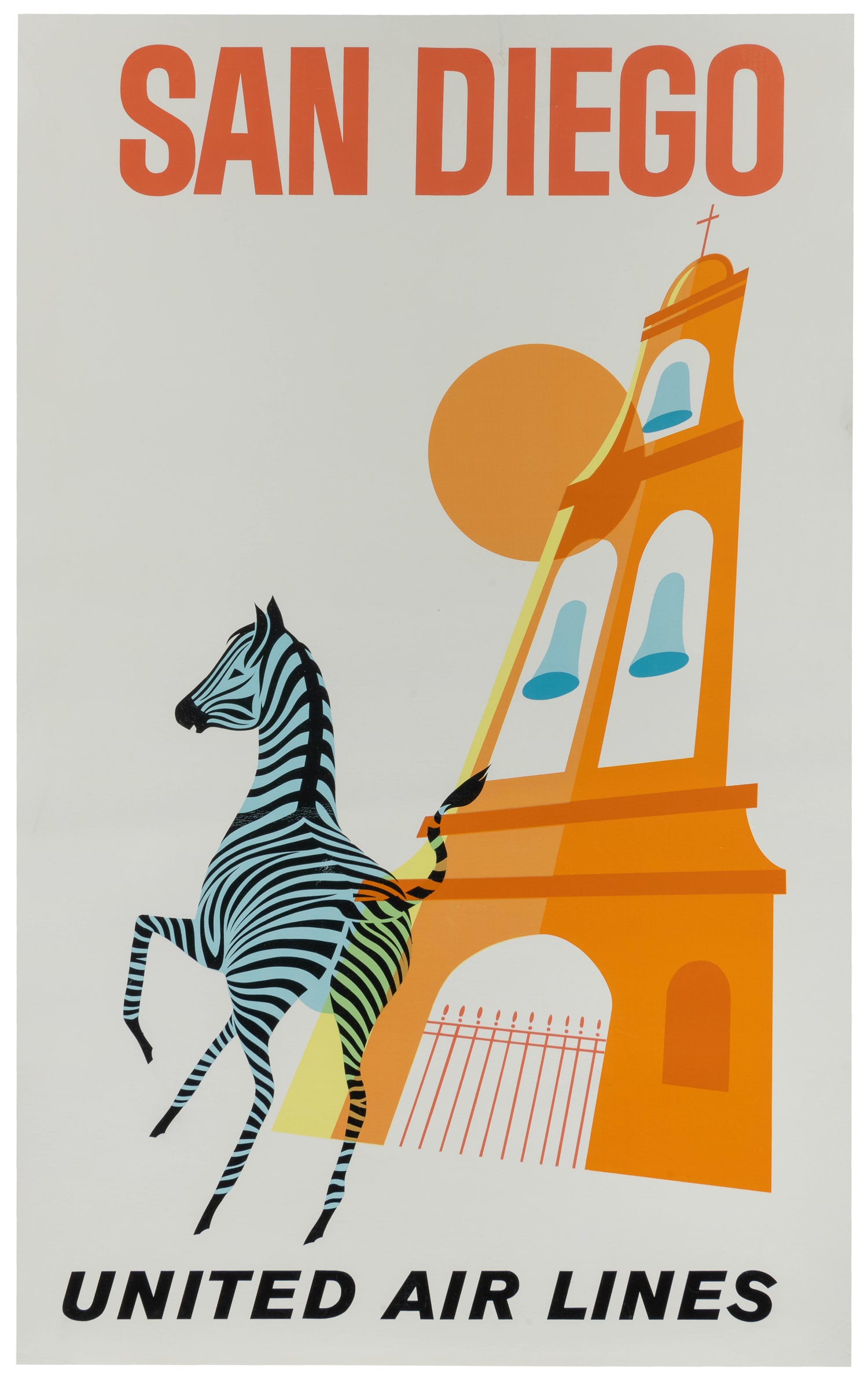 San Diego / United Air Lines.: San Diego / United Air Lines. Circa 1960s. Silkscreen travel poster with a zebra, Mission church, and glowing sun. Linen backed. 40 x 25".